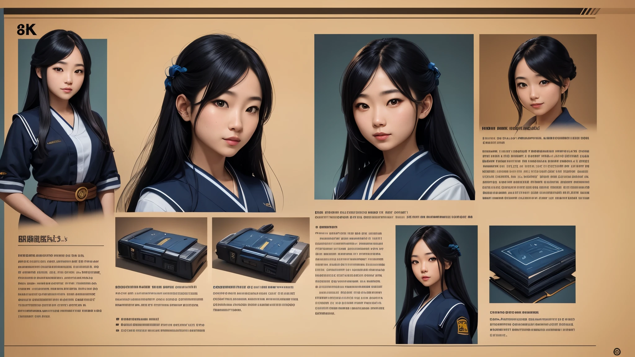 (best quality,4k,8k,highres,masterpiece:1.2),ultra-detailed, Japanese American college student, Female, long Black hair, Blue school uniform with yellow accents, smiling at viewer, seducing viewer, HDR, 8k, absurdres, cinestill 800, sharp focus ((Masterpiece, best quality) detailed, character sheet, many items (+ detailed item description, many parts), + character description, full of details.) concept-art, reference sheet