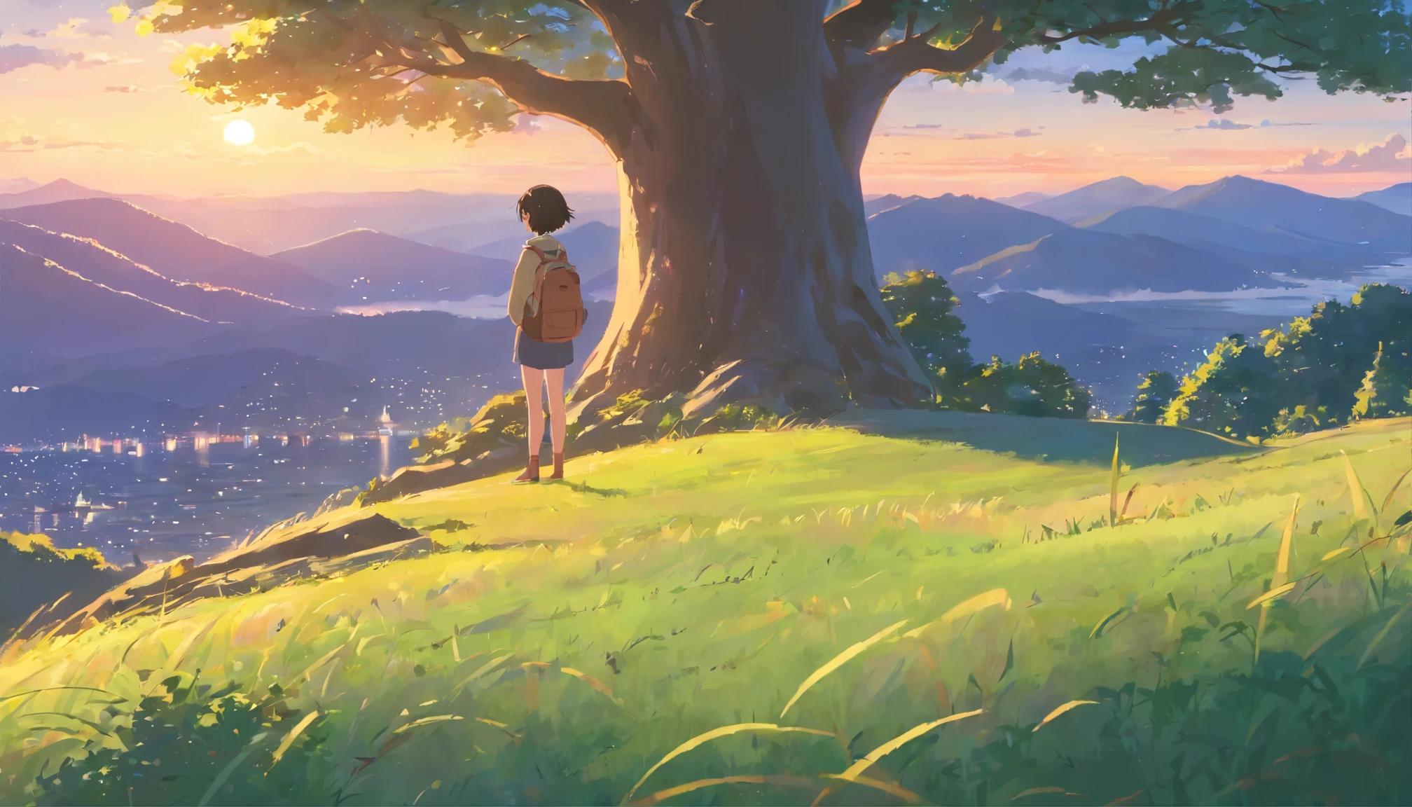 A girl leaning on a big tree，on the top of the mountain，You can see Japanese-style houses at the bottom of the mountain，The evening breeze blows the girl&#39;s hair，girl looking into the distance，Warm style，good，natural beauty，dusk，Xin Haicheng style，high quality，16k，high resolution，Detailed depiction