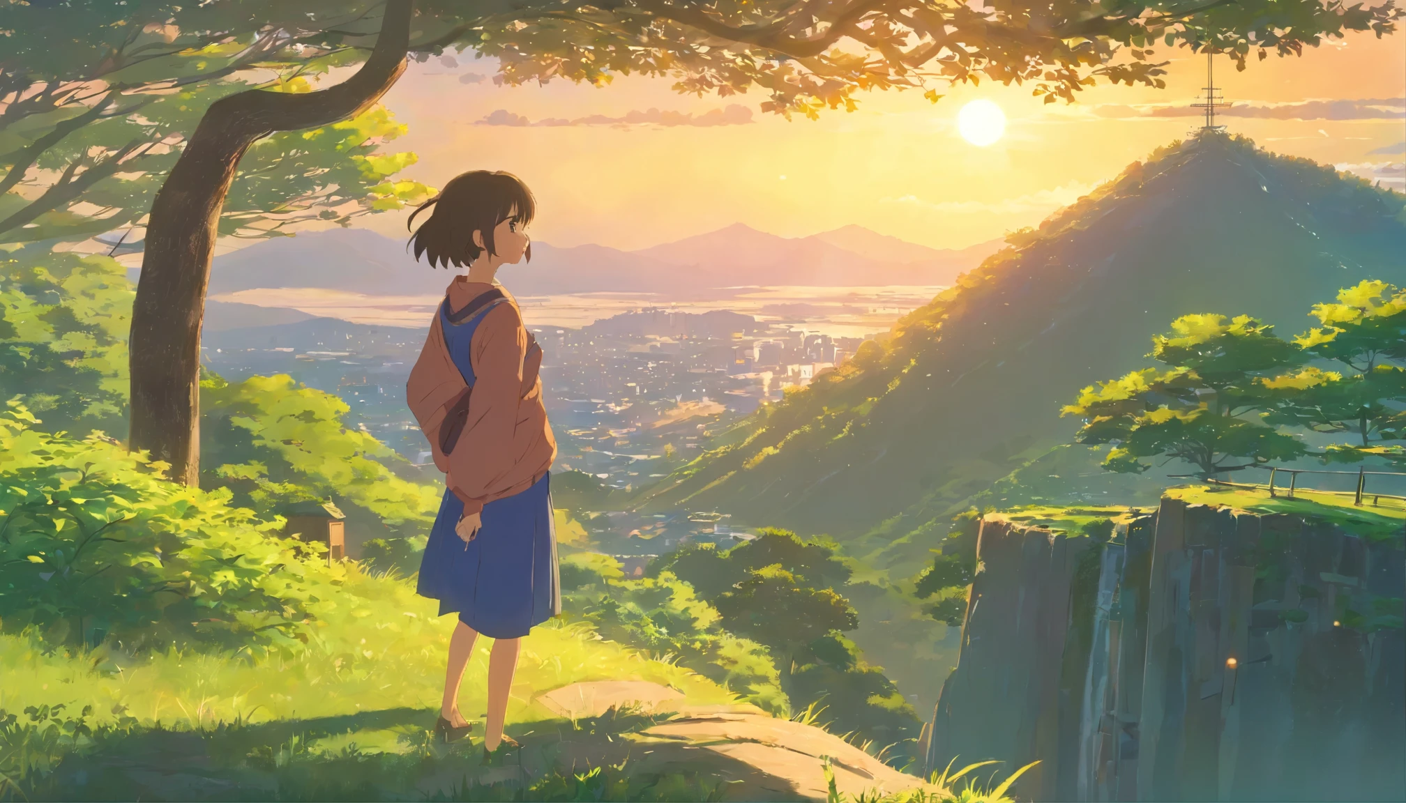 A girl leaning on a big tree，on the top of the mountain，You can see Japanese-style houses at the bottom of the mountain，The evening breeze blows the girl&#39;s hair，girl looking into the distance，Warm style，good，natural beauty，dusk，Xin Haicheng style，high quality，16k，high resolution，Detailed depiction