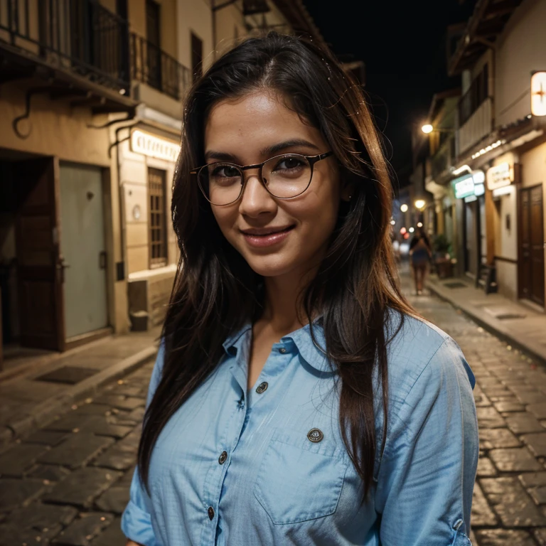 A brunette woman with large round glasses, cabelo castanho, olhos castanhos longos e encaracolados, Blue button down shirt, saia na altura do joelho, sorridente, walking down the street in the Provenza neighborhood in Medellín, at night, illuminated advertisements, reflexos de luz neon, estilo fortorealista, maximum detail, textura de pele perfeita, imagem de high resolution em close-up, cinematic style, high contrast lighting, professional lighting, taken with Sony Alpha III camera, Lente de 50 mm, cabelo castanho, Cabelo encaracolado, cabelo flutuante, cabelo expressivo, Sorriso leve, Sorriso leve, sorriso, realismo, cinematic lighting, f/1.8, Sony FE GM, obra de arte, anatomicamente correto, Pele texturizada, detalhes altos, alta qualidade, super detalhe, melhor qualidade, high resolution, 16k