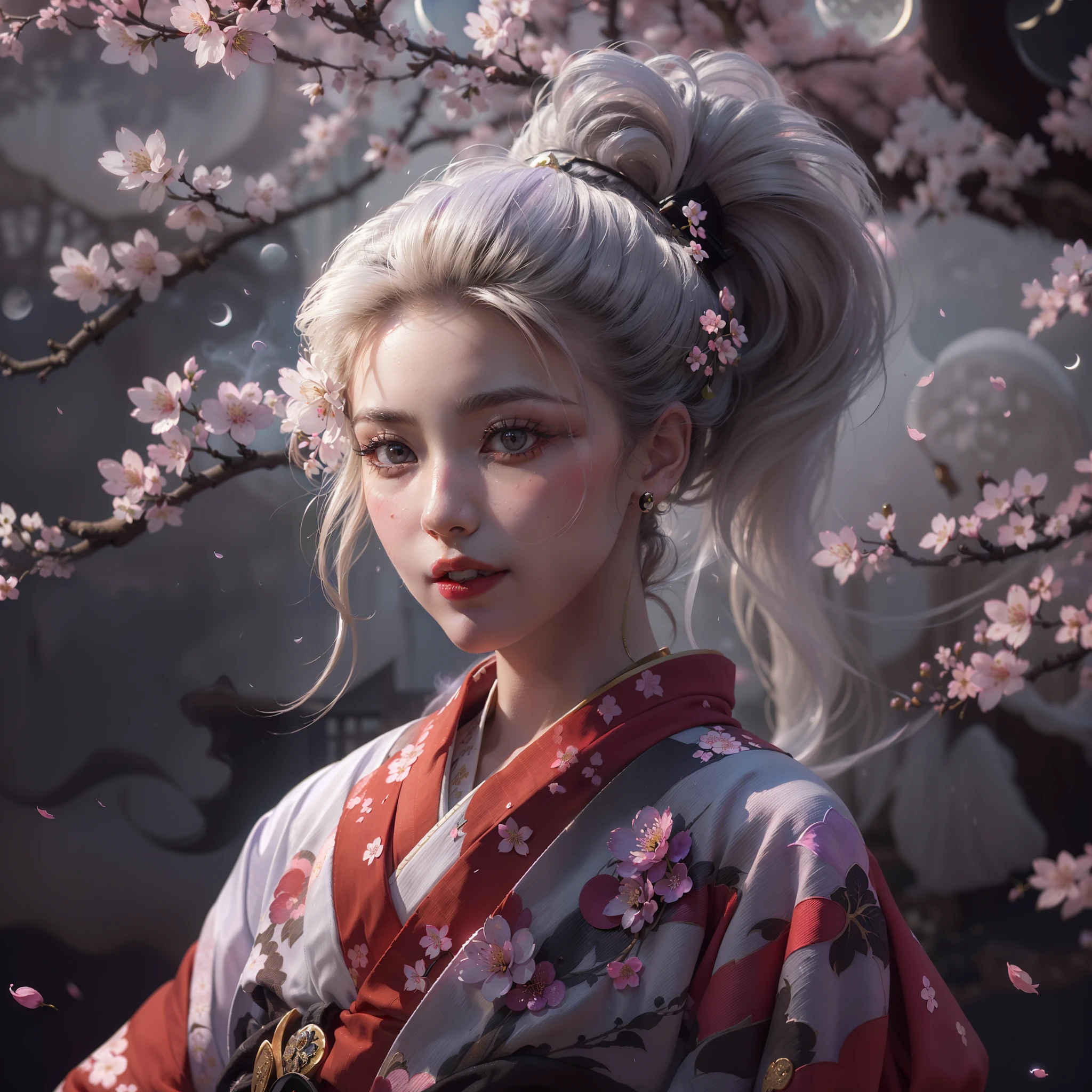 (award-winning masterpiece galore, incredibly detailed, textures and maximum detail), (hyper realistic:1.4), (realistic:1.3), (full body image:1.9), (upper body close-up:0.2), (transparent strangely white skin with the highest quality realistic texture), (she is holding a straight Japanese sword with a mysterious light and delicate decoration: 1.8), (five perfect and beautiful fingers: 1.4), (her hair is adorned with many hairpins, Japanese hair ornaments:1.4), (wearing a decadent and extravagant Japanese kimono:1.8), (she has a smile on her blood red lips:1.7), (precise circular symmetry of her Japanese dark eyes), (dense and breathtakingly beautiful face: 1.6), (image of aesthetic and decadent atmosphere: 1.8), (pale but fair skin and face: 1.6), (wearing many decadent and delicately made accessories: 1.8), (bioluminescent bright black eyes: 1.7), (corrupted beauty 1.8), (pair of black eyes emitting intense black light from within: 1.7), (skin less exposed: 1.5), (strong moonlight overhead: 1.7), ((dramatic photo)), ((cinematic light)), (full body image: 1.9), (looking up), (looking down), (dramatic pose ), (smoke effect and mesmerizing light:1.4), beautiful white hair, beautiful silver hair, (cherry blossom tree:1.8), wind effect, (cherry petals falling in the wind:0.8), (lightning bolt in the sky:0.8), wind and rain, (drifting purple smoke:1.3), (dark night, night with full moon, crescent moon), epic realistic, faded, ((neutral color )), art, (HDR:1.5), (subdued colors:1.2), highly detailed, (art station:1.5), cinematic, warm light, light effects, dramatic light, (complex details:1.1), complex background, (greg latkowski:0.8), (teal and orange:0.4)