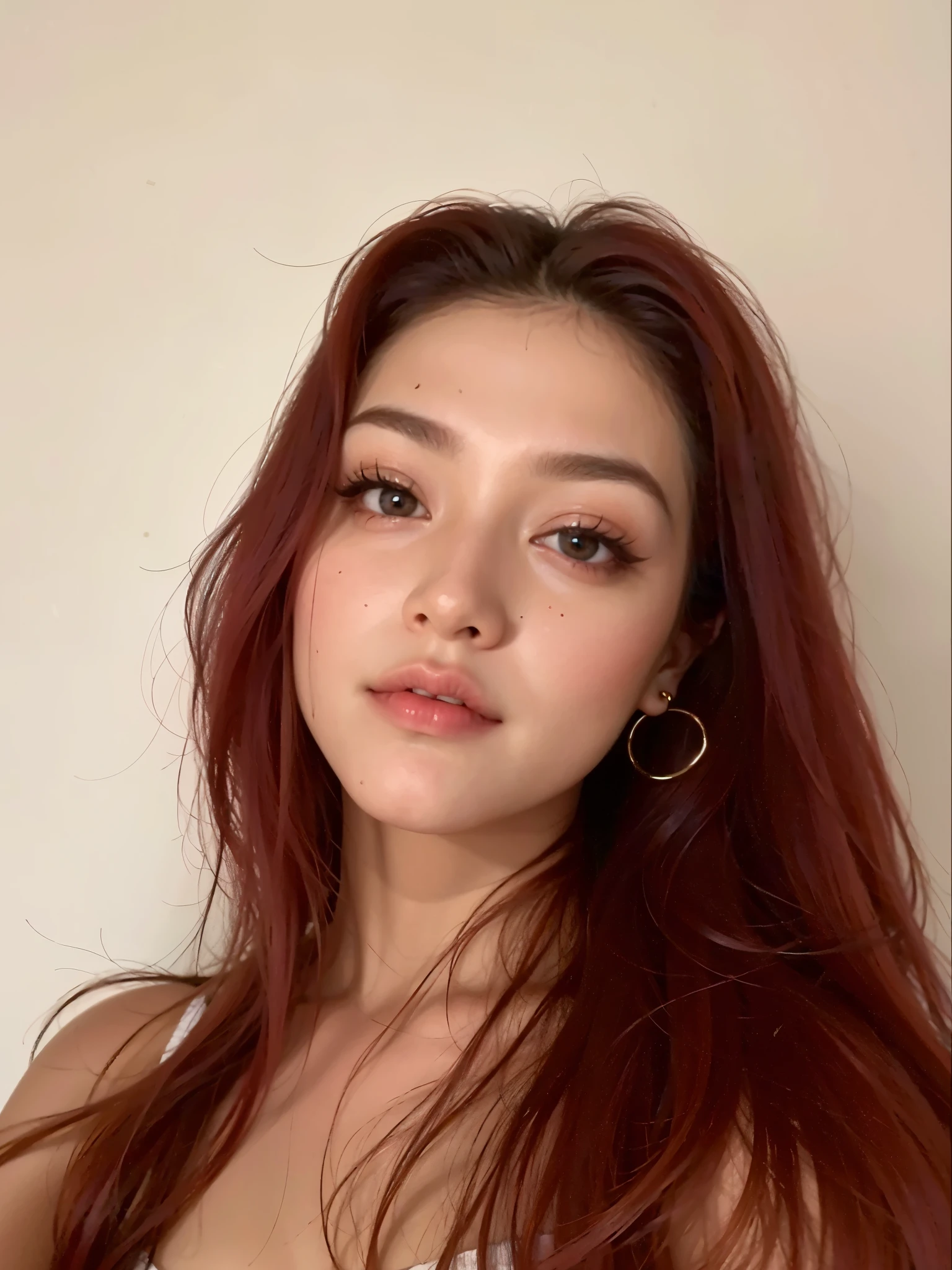 um close up de uma mulher com cabelos ruivos e um top rosa, com cabelos ruivos, red hair and attractive features, 18 anos, cabelos castanhos-ruivos rosto bonito, pele vermelha lisa, com longos cabelos ruivos, red head, com cabelos ruivos e olhos verdes, com cabelos avermelhados escuros, Bochechas vermelhas, small and thick red lips