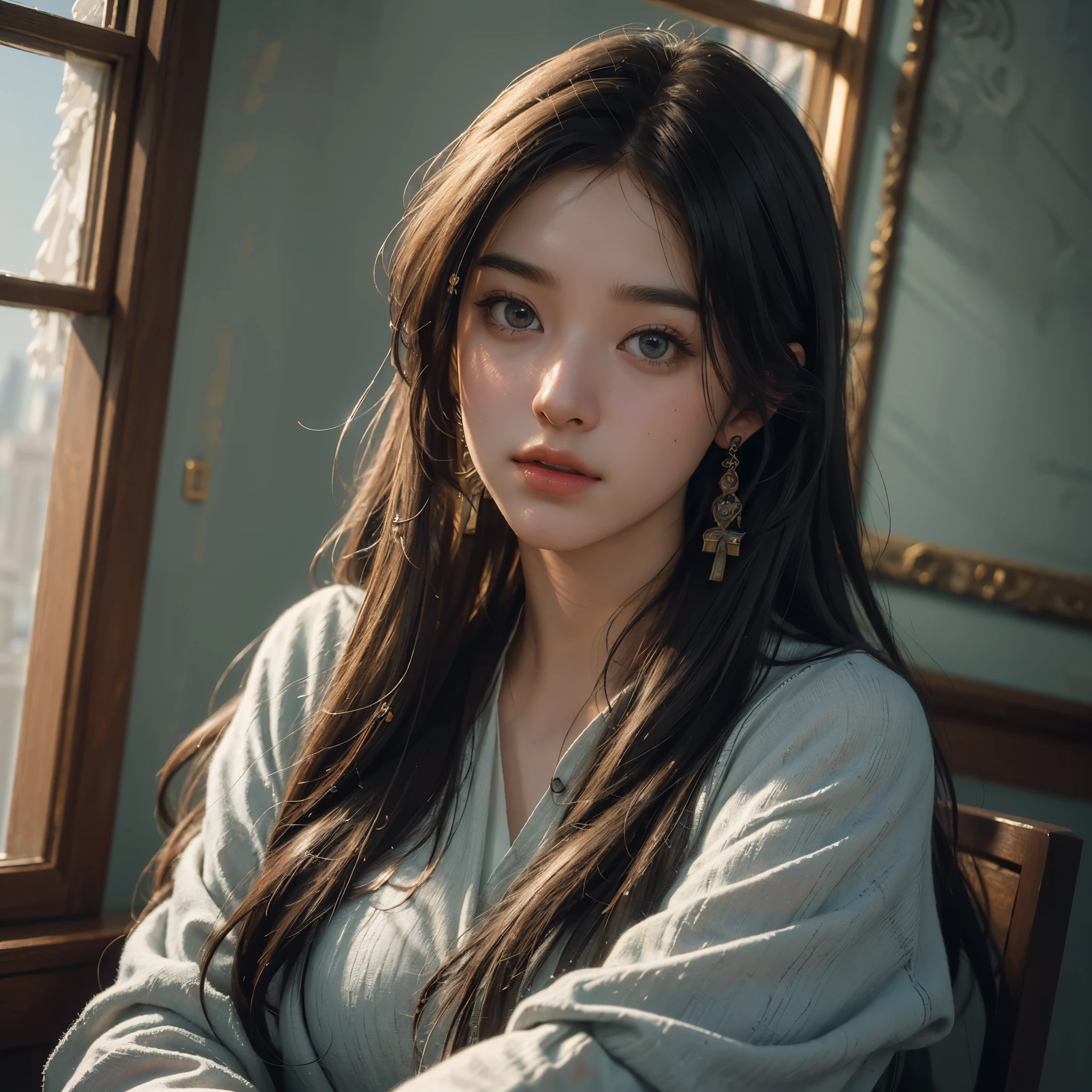 (RAW photo, best quality), (realistic, photo-realistic:1.3),best quality,highly detailed,masterpiece,ultra-detailed,illustration,1girl,upper_body,dynamic angle,world masterpiece theater,messy_long_hair,best quality,extremely detailed CG unity 8k wallpaper,ink,Amazing,cinematic lighting,lens_flare, dunhuang_style