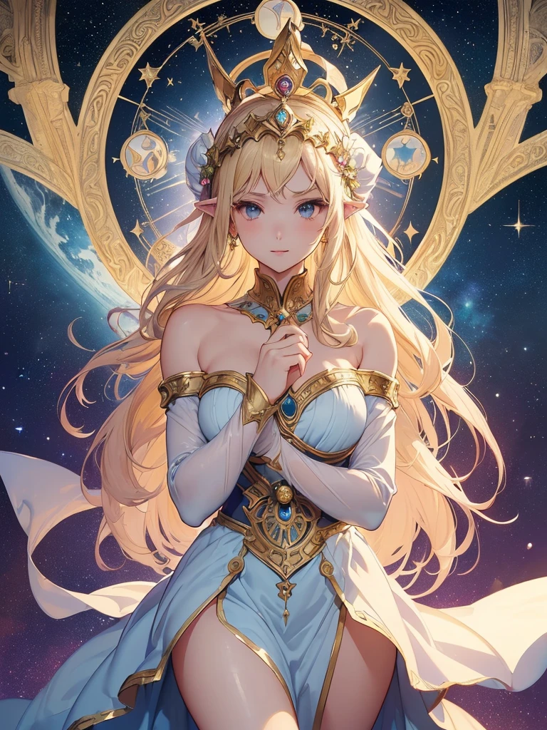 highest quality、Highest image quality、masterpiece、Super beautiful elf beauty from behind((22 years old OL big bust、bust 90,beautiful long ironed hair、blonde、globe、、slender、Close-up、Esbian、beautiful tiara、High quality、beautiful art、background((starry ski)))muste piece、visual art、Depth of bounds written、low angle of morning sky、、elf ears、、magic of light、space knight、harp melody🎵、A happy smile、gentle light、、Beautiful legs that are gentle on the skin、、、Number of fingers to achieve precise finger movements、ticker beautiful decorative、elegant、mystical rosa、 heaven、marble columns, beautiful dressy、magnificent marble dome、giant galaxy、religious painting、embrace the earth、temple of time、great watch、hourglass、sundial、moment of creation!myth、alphonse mucha art、art nouveau、ancient greece、Rome、byzantine art、gold foil、Raphael's paintings、renaissance art、Lord of the Ring、sexy