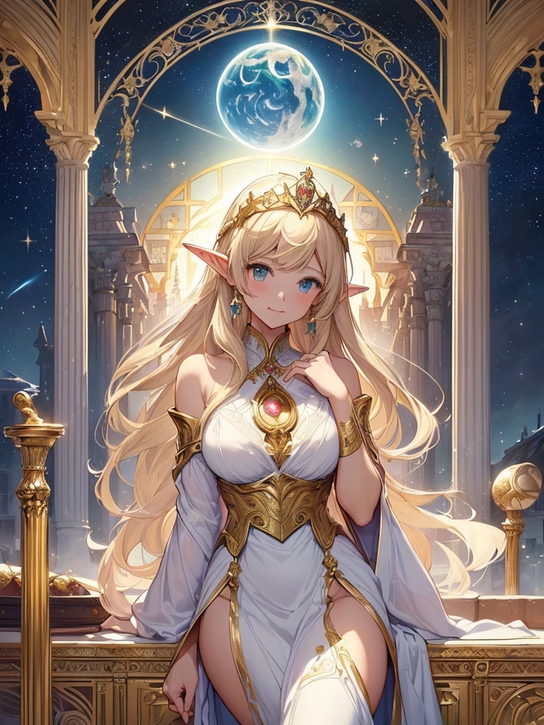 highest quality、Highest image quality、masterpiece、Super beautiful elf beauty from behind((22 years old OL big bust、bust 90,beautiful long ironed hair、blonde、globe、、slender、Close-up、Esbian、beautiful tiara、High quality、beautiful art、background((starry ski)))muste piece、visual art、Depth of bounds written、low angle of morning sky、、elf ears、、magic of light、space knight、harp melody🎵、A happy smile、gentle light、、Beautiful legs that are gentle on the skin、、、Number of fingers to achieve precise finger movements、ticker beautiful decorative、elegant、mystical rosa、 heaven、marble columns, beautiful dressy、magnificent marble dome、giant galaxy、religious painting、embrace the earth、temple of time、great watch、hourglass、sundial、moment of creation!myth、alphonse mucha art、art nouveau、ancient greece、Rome、byzantine art、gold foil、Raphael's paintings、renaissance art、Lord of the Ring、sexy