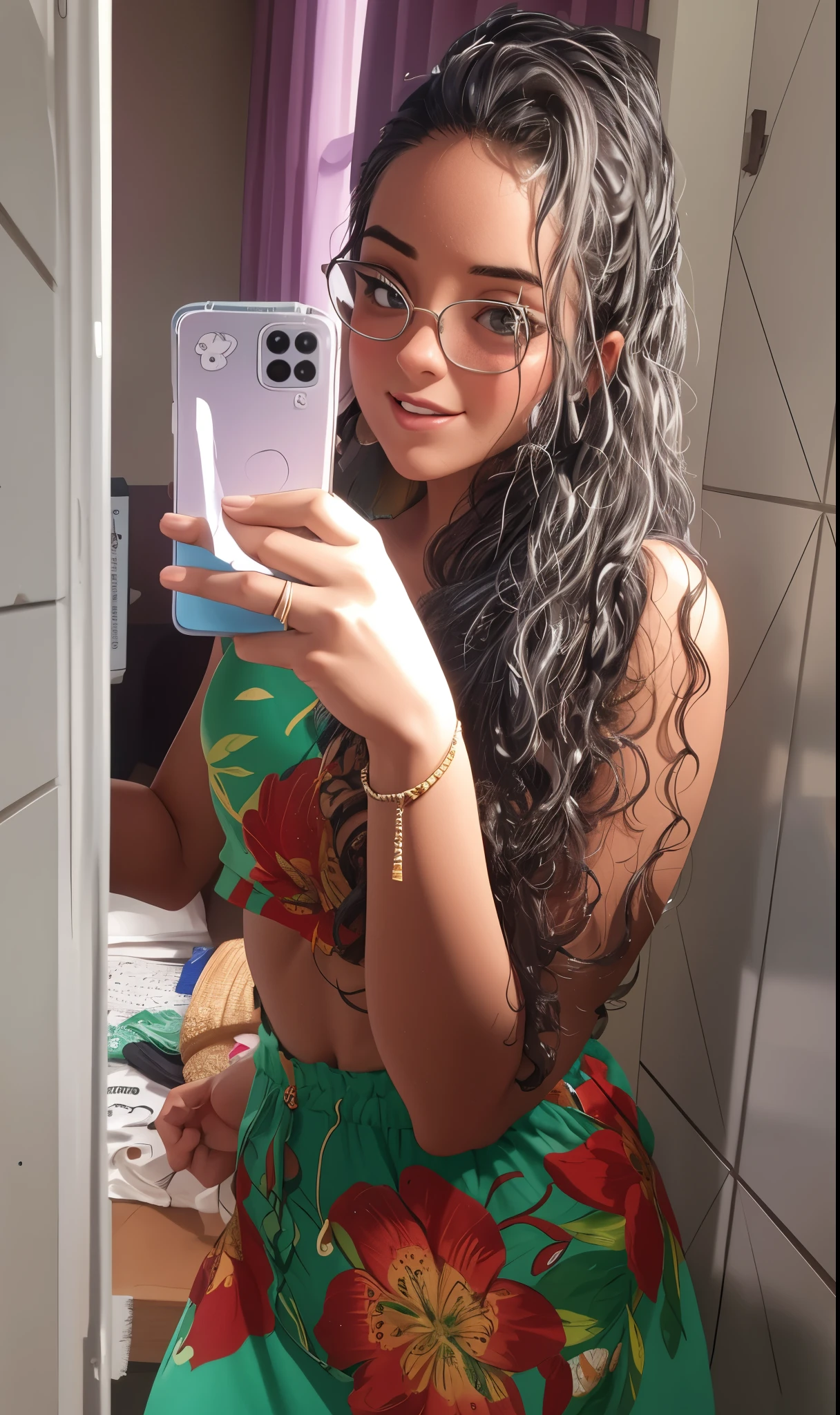 Mulher, 20 anos, com cabelo castanho longo e cacheado, olho castanho, desenho, cartoon
