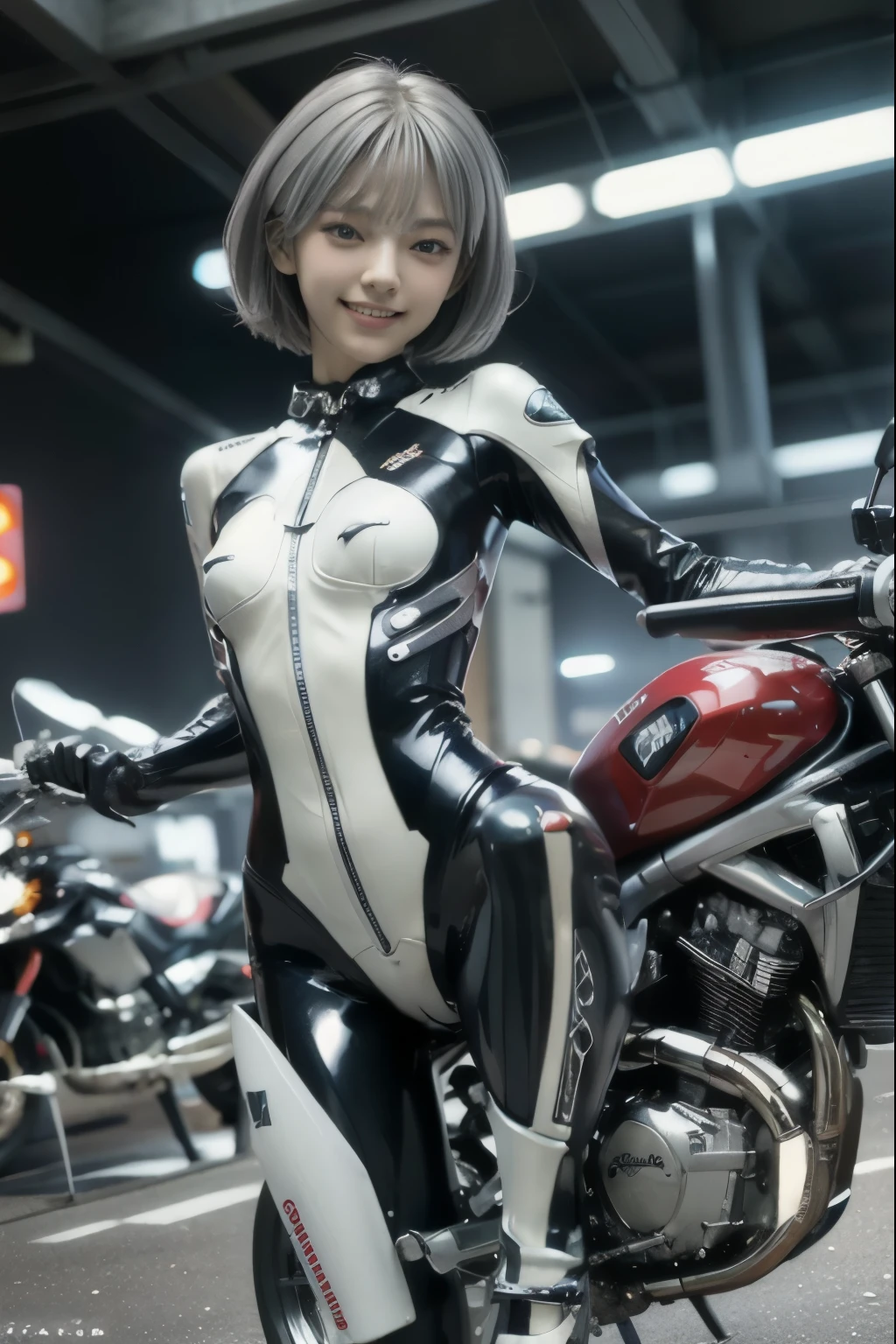 Arafed woman in a black and white suit posing on a motorcycle - SeaArt AI