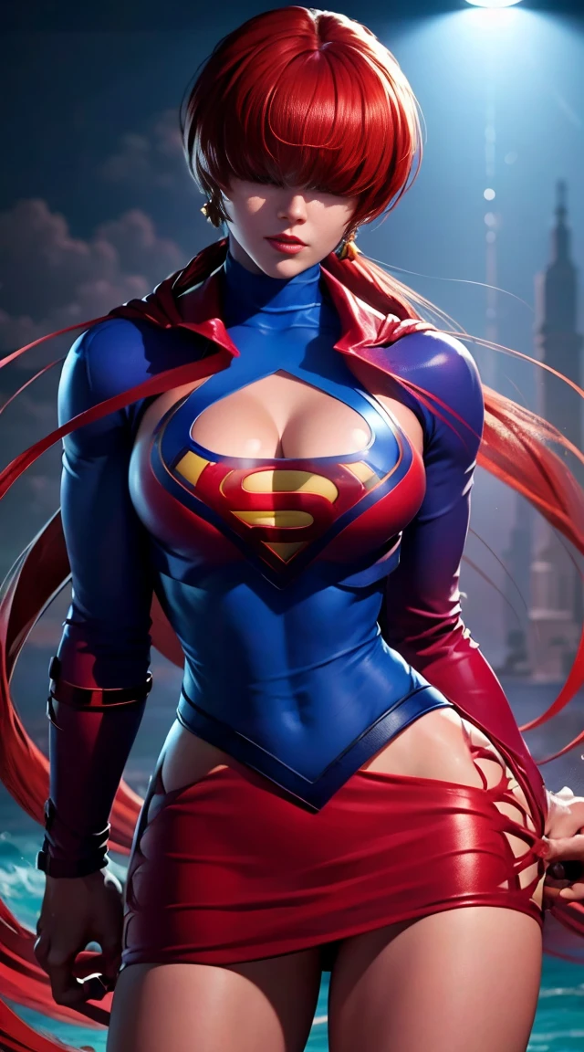 obra prima, melhor qualidade, high resolutions, ela1, Cabelo vermelho sobre os olhos,  Supergirl, capa vermelha, S do super-homem no peito, blue swimsuit, Red skirt, botas vermelhas, peituda, With the camera back,