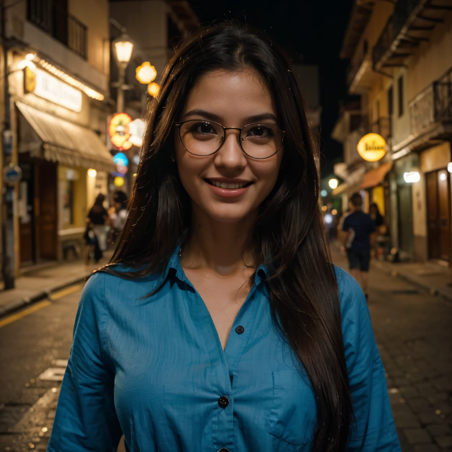 A brunette woman with large round glasses, cabelo castanho, olhos castanhos longos e encaracolados, Blue button down shirt, saia na altura do joelho, sorridente, walking down the street in the Provenza neighborhood in Medellín, at night, illuminated advertisements, reflexos de luz neon, estilo fortorealista, 4K, maximum detail, textura de pele perfeita, imagem de high resolution em close-up, cinematic style, high contrast lighting, professional lighting, taken with Sony Alpha III camera, Lente de 50 mm, cabelo castanho, Cabelo encaracolado, cabelo flutuante, cabelo expressivo, Sorriso leve, Sorriso leve, sorriso, realismo, cinematic lighting, f/1.8, Sony FE GM, obra de arte, anatomicamente correto, Pele texturizada, detalhes altos, alta qualidade, super detalhe, melhor qualidade, high resolution, 16k