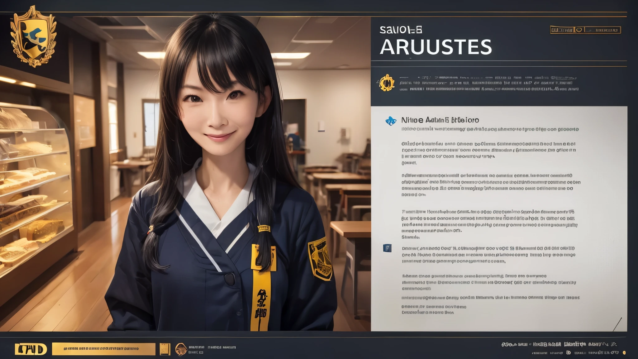 (best quality,4k,8k,highres,masterpiece:1.2),ultra-detailed, Japanese American college student, Nao Nagasawa, Female, long Black hair, Blue school uniform with yellow accents, smiling at viewer, seducing viewer, HDR, 8k, absurdres, cinestill 800, sharp focus ((Masterpiece, best quality) detailed, character sheet, many items (+ detailed item description, many parts), + character description, full of details.) concept-art, reference sheet
