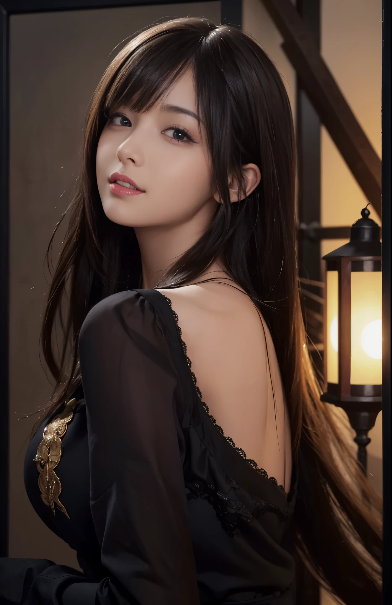 (Ultra Realistic), (Illustration), (Increased Resolution), (8K), (Extremely Detailed), (Best Illustration), (Beautiful and Detailed Eyes), (Best Quality), (Ultra Detailed), (Masterpiece ), ( wallpaper), (detailed face), solo, 1 girl, looking at viewer, fine details, detailed face, in the dark, deep shadows, low key, pureerosfaceace_v1, smiling, long hair, black shawl straight hair , 46 points oblique bangs
