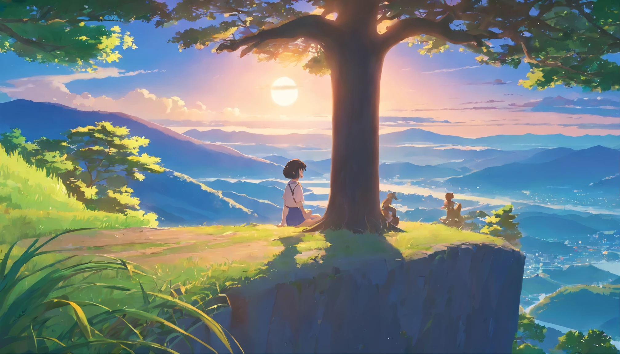 A girl leaning on a big tree，on the top of the mountain，You can see Japanese-style houses at the bottom of the mountain，The evening breeze blows the girl&#39;s hair，girl looking into the distance，Warm style，good，natural beauty，dusk，Xin Haicheng style，high quality，16k，high resolution，Detailed depiction