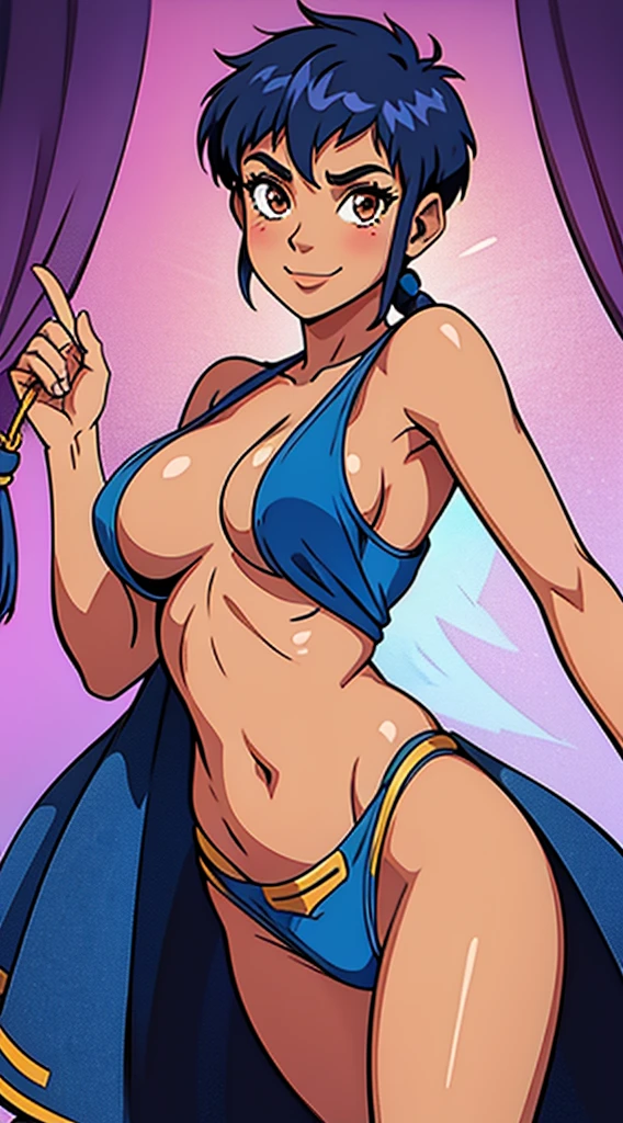 1 girl, solo, TARANEE, w.i.t.c.h, navy blue hair, brown eyes, dark brown skin, spikey hair, short hair, ((medium breast)), sexy, look at viewer, harem-clothes, medieval bedroom, ((loin cloth)), smiling, synthetic curves striking pose, blush, Alluring eyes