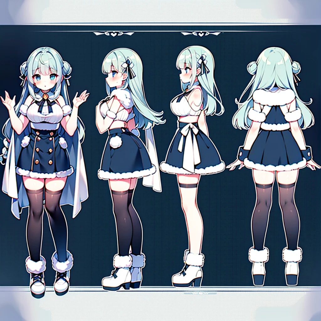 character sheet, whole body, vtuber-full-bodied, Full of details, Multiple poses and expressions, very detailed, ,change, long hair, cute, heart-shaped eyes, alone, gray hair, blush, winter, snow, white stockings, Are standing