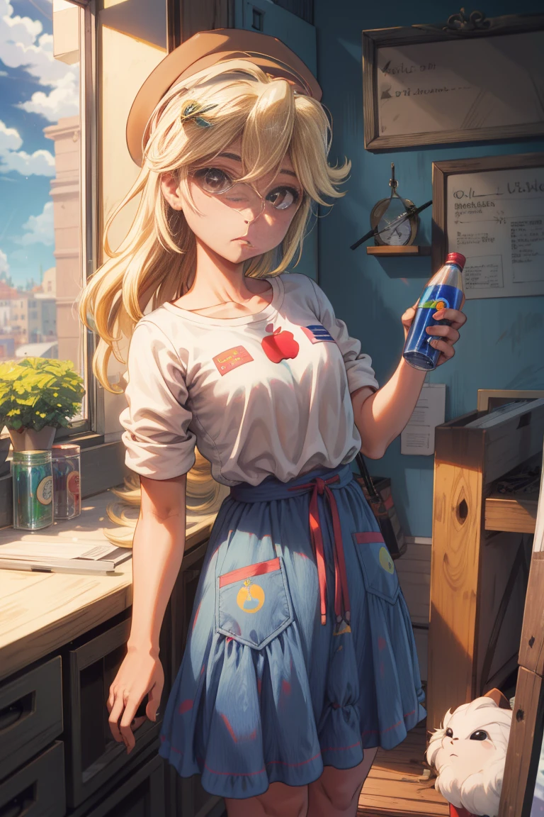 obra maestra,Mejor calidad,1 chica,cielo_Megamanz,pelo largo,ojos azules,pelo rubio,cola de caballo,tocado,pantys,guantes blancos,anteojos,bata de laboratorio,laboratorio,Science fiction,mirando la computadora,frown, , mlp , Applejack