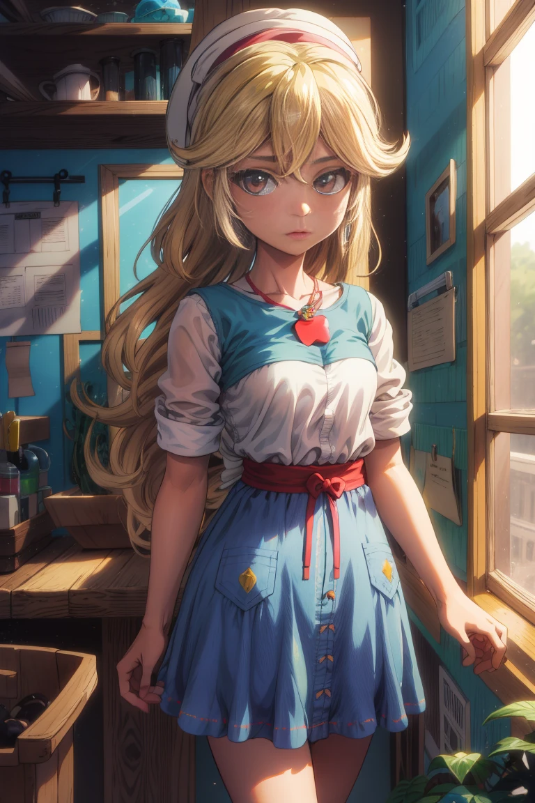 obra maestra,Mejor calidad,1 chica,cielo_Megamanz,pelo largo,ojos azules,pelo rubio,cola de caballo,tocado,pantys,guantes blancos,anteojos,bata de laboratorio,laboratorio,Science fiction,mirando la computadora,frown, , mlp , Applejack