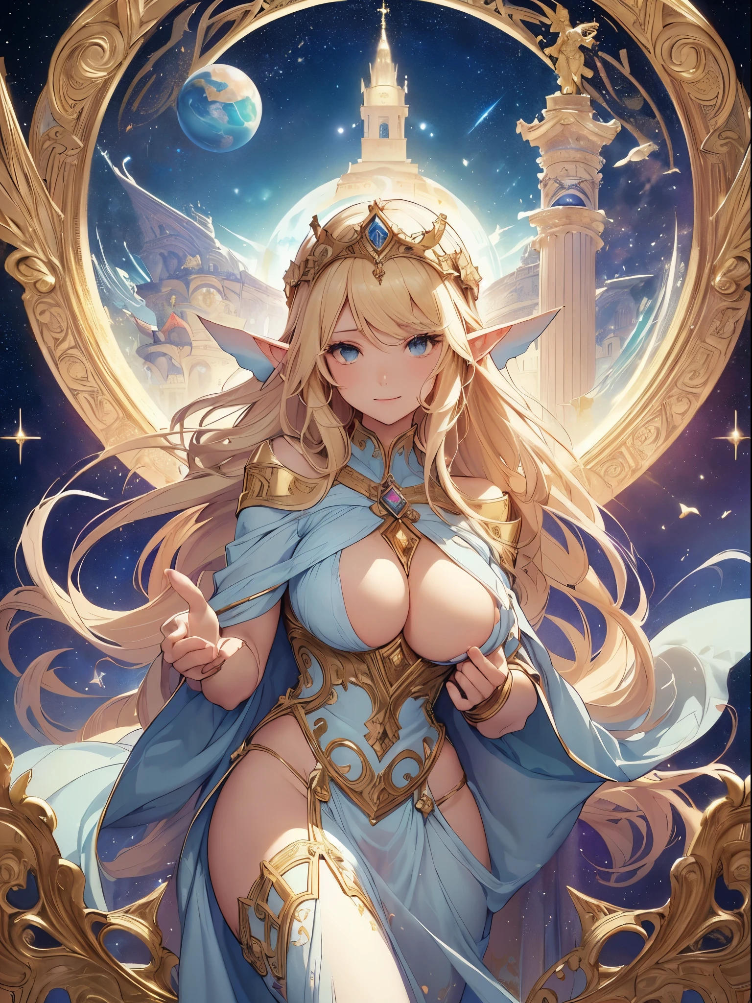 highest quality、Highest image quality、masterpiece、Super beautiful elf beauty from behind((22 years old OL big bust、bust 90,beautiful long ironed hair、blonde、globe、、slender、Close-up、Esbian、beautiful tiara、High quality、beautiful art、background((starry ski)))muste piece、visual art、Depth of bounds written、low angle of morning sky、、elf ears、、magic of light、space knight、harp melody🎵、A happy smile、gentle light、、Beautiful legs that are gentle on the skin、、、Number of fingers to achieve precise finger movements、ticker beautiful decorative、elegant、mystical rosa、 heaven、marble columns, beautiful dressy、magnificent marble dome、giant galaxy、religious painting、embrace the earth、temple of time、great watch、hourglass、sundial、moment of creation!myth、alphonse mucha art、art nouveau、ancient greece、Rome、byzantine art、gold foil、Raphael's paintings、renaissance art、Lord of the Ring、sexy、nsfw