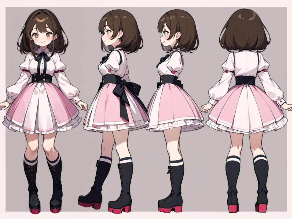 character sheet,masterpiece, highest quality, cute, cute, 1 girl, alone, Mine series,platform boots,pink makeup,T pose,brown hair,A sloppy smile,close your mouth,Obscene clothing,some pink hair,Mine seriesヘアー