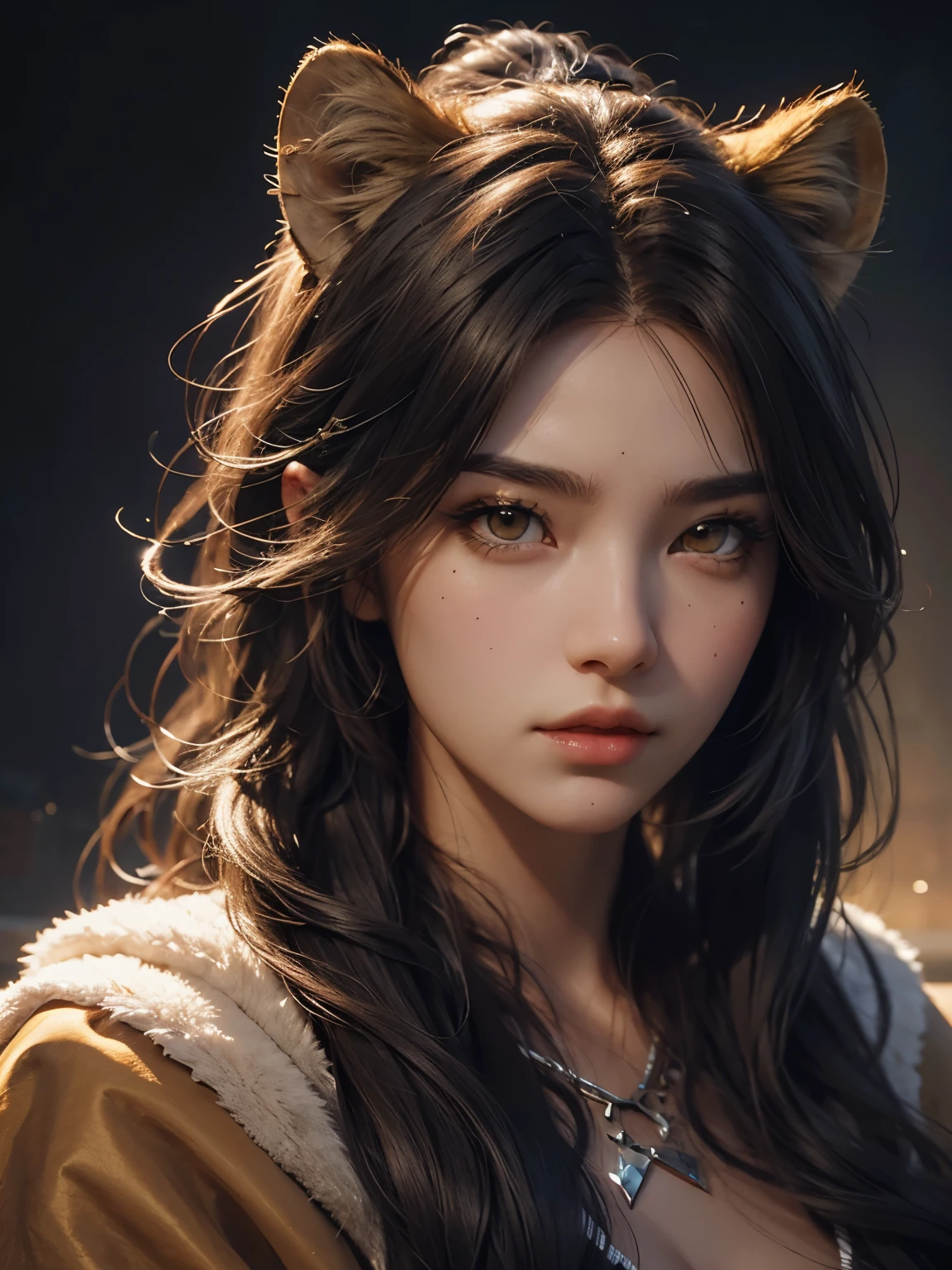 Ultra Detailed Beautiful Girl, with Fierce Lioness, Cinematic, Cinematic Light, Realistic, 3d Rendering, Highly Detailed Face, Highly Detailed, Realistic Appearance, Lifelike, Realistic Girl, Highly Detailed Hair