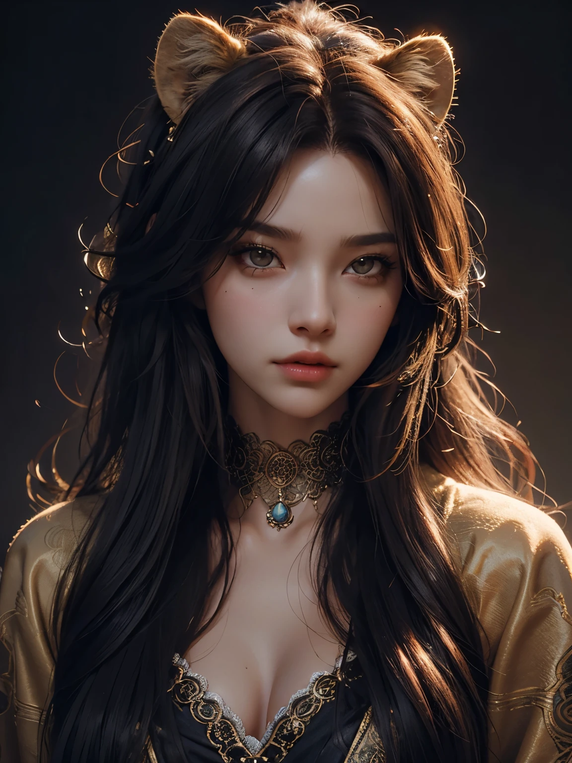 Ultra Detailed Beautiful Girl, with Fierce Lioness, Cinematic, Cinematic Light, Realistic, 3d Rendering, Highly Detailed Face, Highly Detailed, Realistic Appearance, Lifelike, Realistic Girl, Highly Detailed Hair