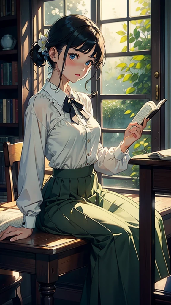 ((Watercolor in Sargent style))、(highest quality、high resolution、masterpiece)、(David Hamilton Style)、(soft focus)、Cinema Angle、cinematic light、soft light、(British traditional public school)、1 woman、23 years old、wonderful、charming beauty、 ((Detailed depiction of a beautiful face))、short black hair、Crisp face、(Detailed facial depiction)、small breasts、small breasts、Sophisticated clothing、((classic uniform))、((long skirt))、(library)、(bookshelf)、Holding a book、perfect hands、(Anatomically accurate depiction of hands and fingers)、(Describe the exact shape of the book)、beautiful environment、calm atmosphere、Calm expression、Quiet moments、Vintage atmosphere、Immerse yourself in reading、bookworm、Thoughtful gaze、classic elegance、 victorian style、A quiet retreat、Majestic bookcase、Traditional atmosphere、Lush green environment、shop window、サイドtable、窓辺のflower、Botanical Garden、table、flower、Foliage plant、wood,