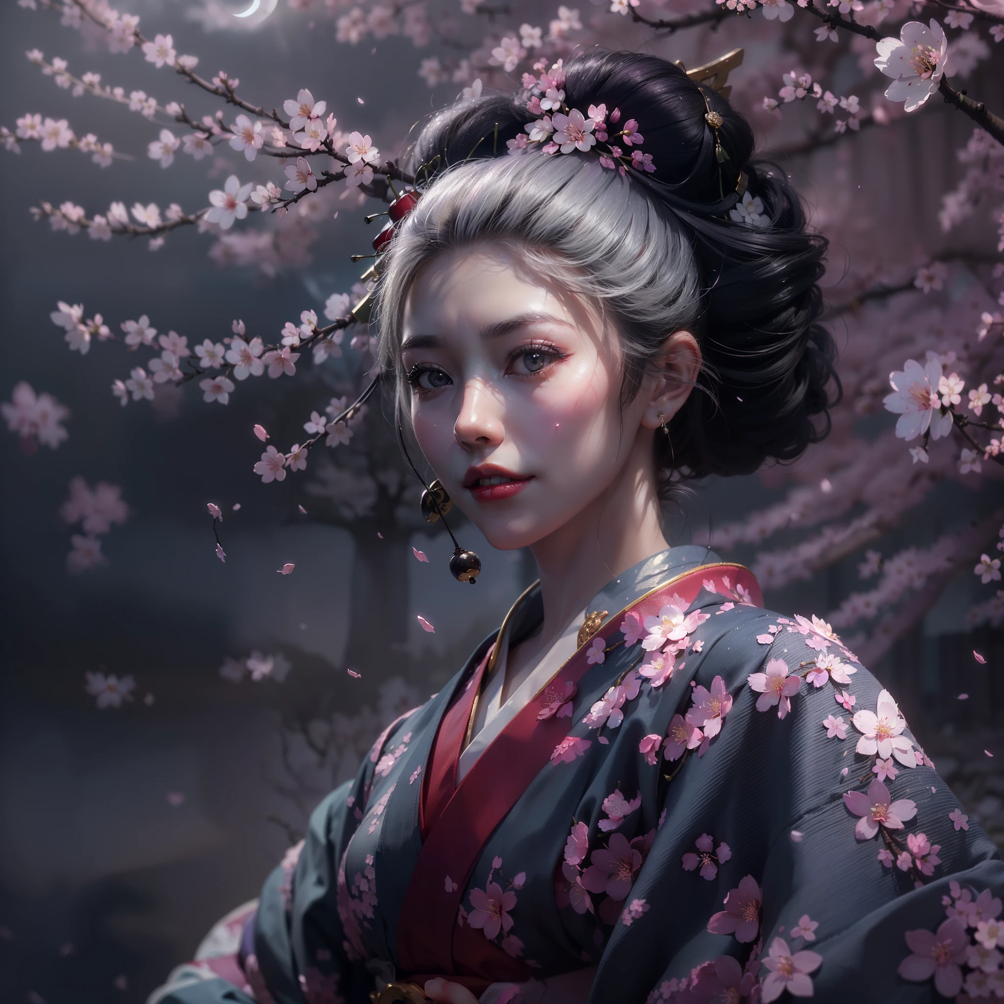 (award-winning masterpiece galore, incredibly detailed, textures and maximum detail), (hyper realistic:1.4), (realistic:1.3), (full body image:1.9), (upper body close-up:0.2), (transparent strangely white skin with the highest quality realistic texture), (she is holding a straight Japanese sword with a mysterious light and delicate decoration: 1.8), (geisha warrior wielding a sword: 1.8), (five perfect and beautiful fingers: 1.4), (Japanese folk tale geisha warrior: 1.8), (beautiful long black hair blowing in the wind , (beautiful Japanese geisha hairstyle:1.8), (her hair is adorned with many hairpins, Japanese hair ornaments:1.4), (wearing a decadent and extravagant Japanese kimono:1.8), (she has a smile on her blood red lips:1.7), (precise circular symmetry of her Japanese dark eyes), (dense and breathtakingly beautiful face: 1.6), (image of aesthetic and decadent atmosphere: 1.8), (pale but fair skin and face: 1.6), (wearing many decadent and delicately made accessories: 1.8), (bioluminescent bright black eyes: 1.7), (corrupted beauty 1.8), (pair of black eyes emitting intense black light from within: 1.7), (skin less exposed: 1.5), (strong moonlight overhead: 1.7), ((dramatic photo)), ((cinematic light)), (full body image: 1.9), (looking up), (looking down), (dramatic pose ), (smoke effect and mesmerizing light:1.4), beautiful white hair, beautiful silver hair, (cherry blossom tree:1.8), wind effect, (cherry petals falling in the wind:0.8), (lightning bolt in the sky:0.8), wind and rain, (drifting purple smoke:1.3), (dark night, night with full moon, crescent moon), epic realistic, faded, ((neutral color )), art, (HDR:1.5), (subdued colors:1.2), highly detailed, (art station:1.5), cinematic, warm light, light effects, dramatic light, (complex details:1.1), complex background, (greg latkowski:0.8), (teal and orange:0.4)