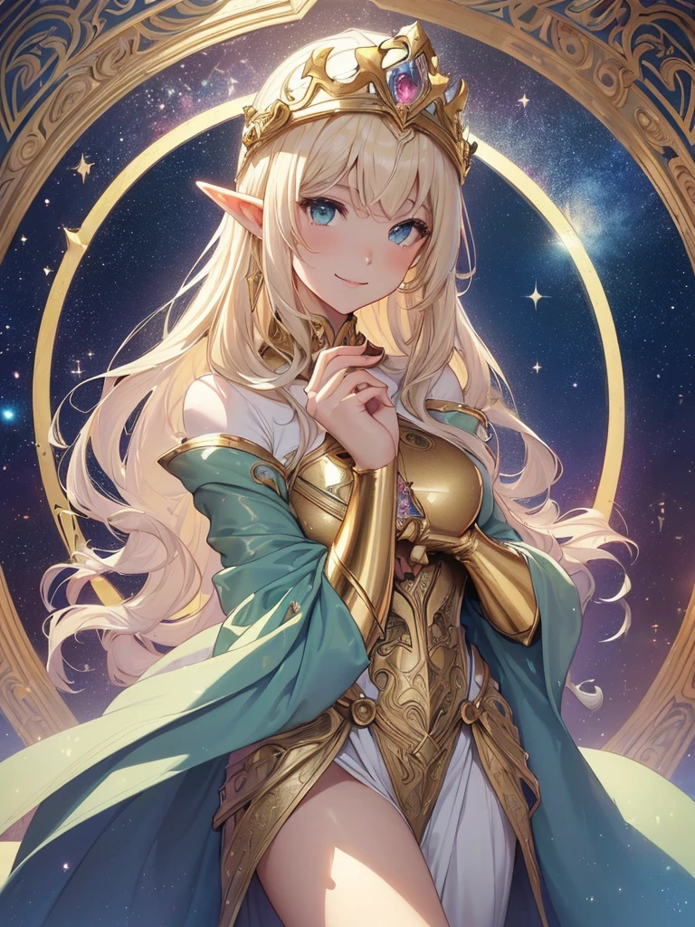 highest quality、Highest image quality、masterpiece、Super beautiful elf beauty from behind((22 years old OL big bust、bust 90,beautiful long ironed hair、blonde、globe、、slender、Close-up、Esbian、beautiful tiara、High quality、beautiful art、background((starry ski)))muste piece、visual art、Depth of bounds written、low angle of morning sky、、elf ears、、magic of light、space knight、harp melody🎵、A happy smile、gentle light、、Beautiful legs that are gentle on the skin、、、Number of fingers to achieve precise finger movements、ticker beautiful decorative、elegant、mystical　rosa、　heaven、marble columns, beautiful dressy、magnificent marble dome、giant galaxy、religious painting、embrace the earth、temple of time、great watch、hourglass、sundial、moment of creation！myth、alphonse mucha art、art nouveau、ancient greece、Rome、byzantine art、gold foil、Raphael&#39;s paintings、renaissance art、Lord of the Ring、sexy、friendly smile