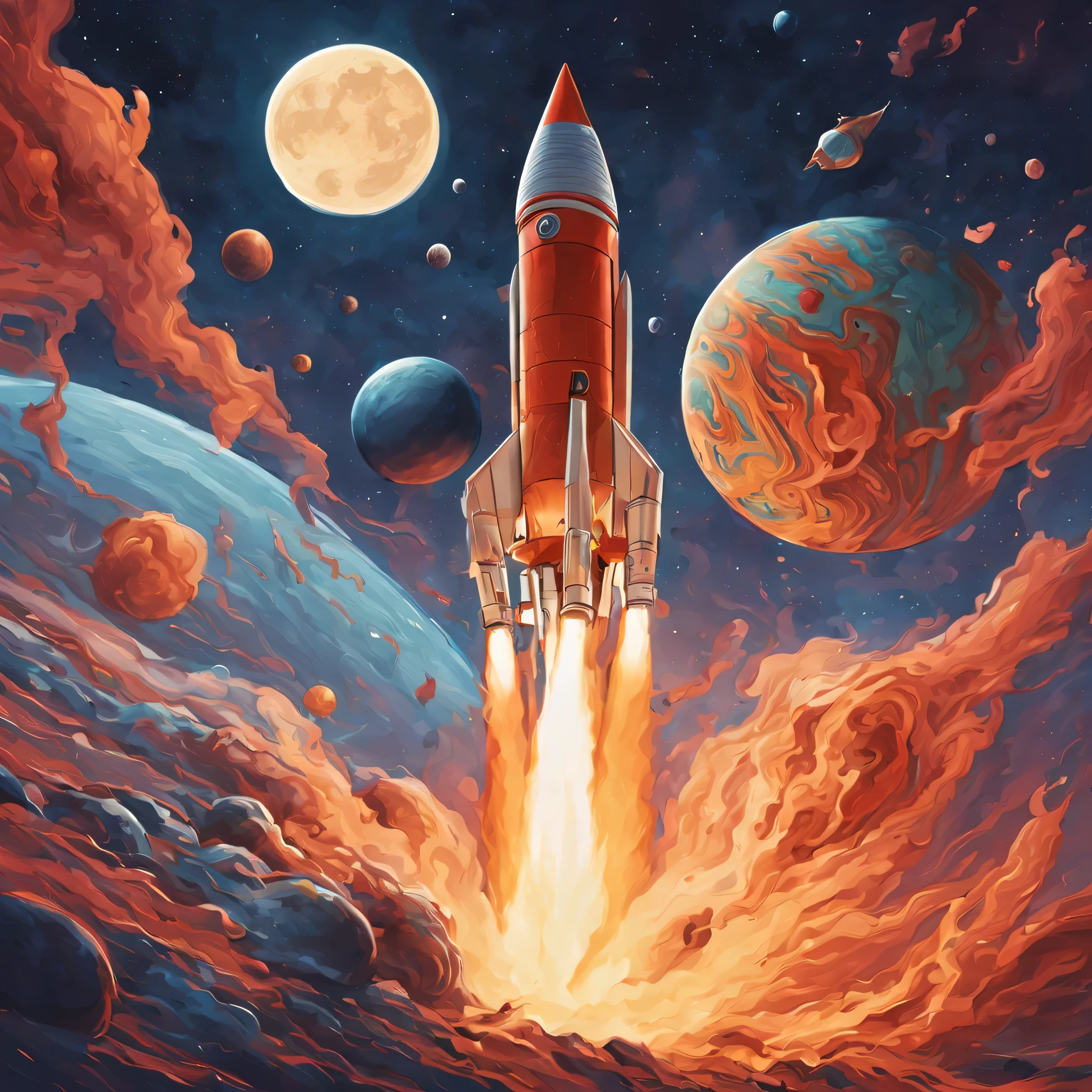 caricatura,rocket heading towards the moon,illustration,alta qualidade,foguete detalhado,obra de arte:1.2,ultra-detalhado,realista:1.37,artistas conceituais,colori,night ligthning,estrelas,Smoke Trail,launch,Space capsule,blast,corpos celestiais,Planetas,futurista,cosmic perspective,aventura,outer space,cores vivas,surrealista,Surface of the Moon,Crateras,caricatural,space exploration,funny face,olhos bem abertos,Grande sorriso,humorous,frisky,excitante,imaginativo,emocionante,energetic,movimento,action-packed,Creative Sparks,caprichoso