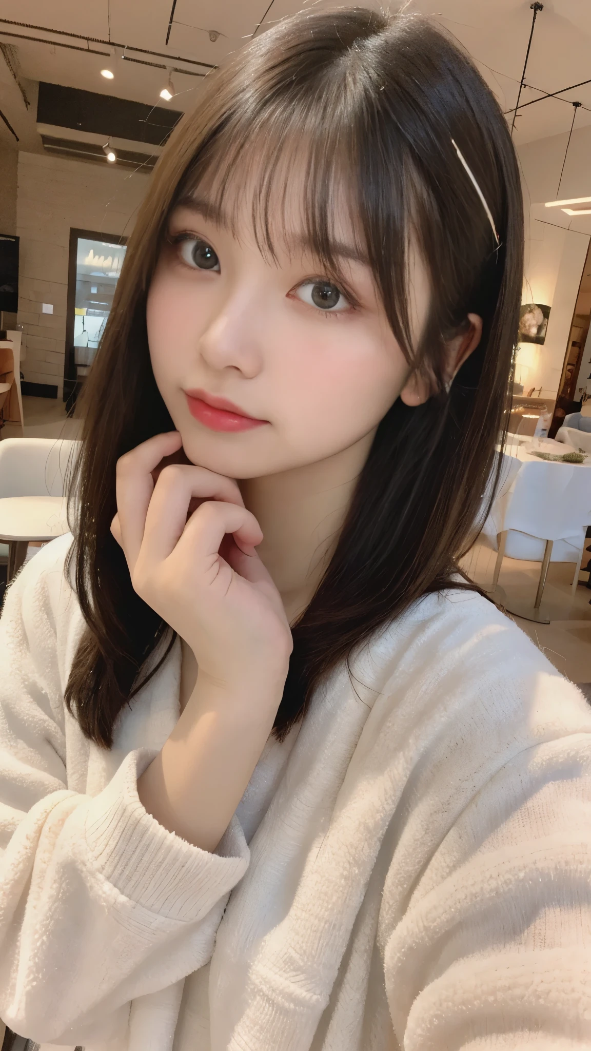 table top, highest quality, figure, super detailed, finely, High resolution, 8k wallpaper, 完璧なダイナミックな構figure, beautiful and fine eyes, woman's fashion fluffy winter clothes,medium hair,small breasts natural color lip, bold sexy pose、20 year old girl、cute、sexy shot looking at camera,RAW photo,anatomically correct body,blur the background,perfect and beautiful face,KPOP idol face,Slim face and body
