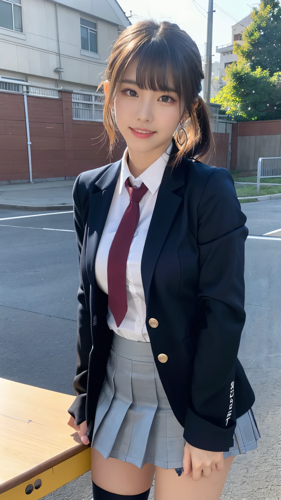 mix 4, (16K, Raw photo, best image quality, masterpiece: 1.45), (realistic, Photoreal: 1.37), one girl, cute, cityscape,, professional lighting, photon mapping, school classroom, Physically based rendering, dark brown hair,ponytail hairstyle, Beautiful well-groomed eyes、((double eyelid))、super cute girl, (((school uniform、blazer、Long-sleeved shirts worn by Japanese high school girls、ribbon tie、Navy blue super super super mini skirt,、dark blue socks、black loafers))), highest quality photos, High resolution, 1080P, (clear face), (Detailed facial description), (detailed description of hands), (masterpiece), (Detailed CG)、extreme light and shadow、messy hair、master work、Rich details、(detailed facial features)、(highest quality photos)、(Masseter muscle part)、(detailed eye)、look in front of you、thin clavicle、((slender and big))、(((Japanese high school girls wear long-sleeved shirts)))、((neat idol))、((school gate、schoolyard、School building in the background))、(Take photos from random viewpoints)、(((Anyway it's cute)))、earrings、big smile、Draw the whole body from the knees、Do not draw fine lines、(((Sports bags used by Japan schoolgirls)))、(small breasts:1.2)、small buttocks with tension、Two arms and two legs、(((from the front:0.7)))、bare hands、(((symmetrical eyes)))、standing pose、put your hands on the desk、Do not remove the tie from the jacket、
