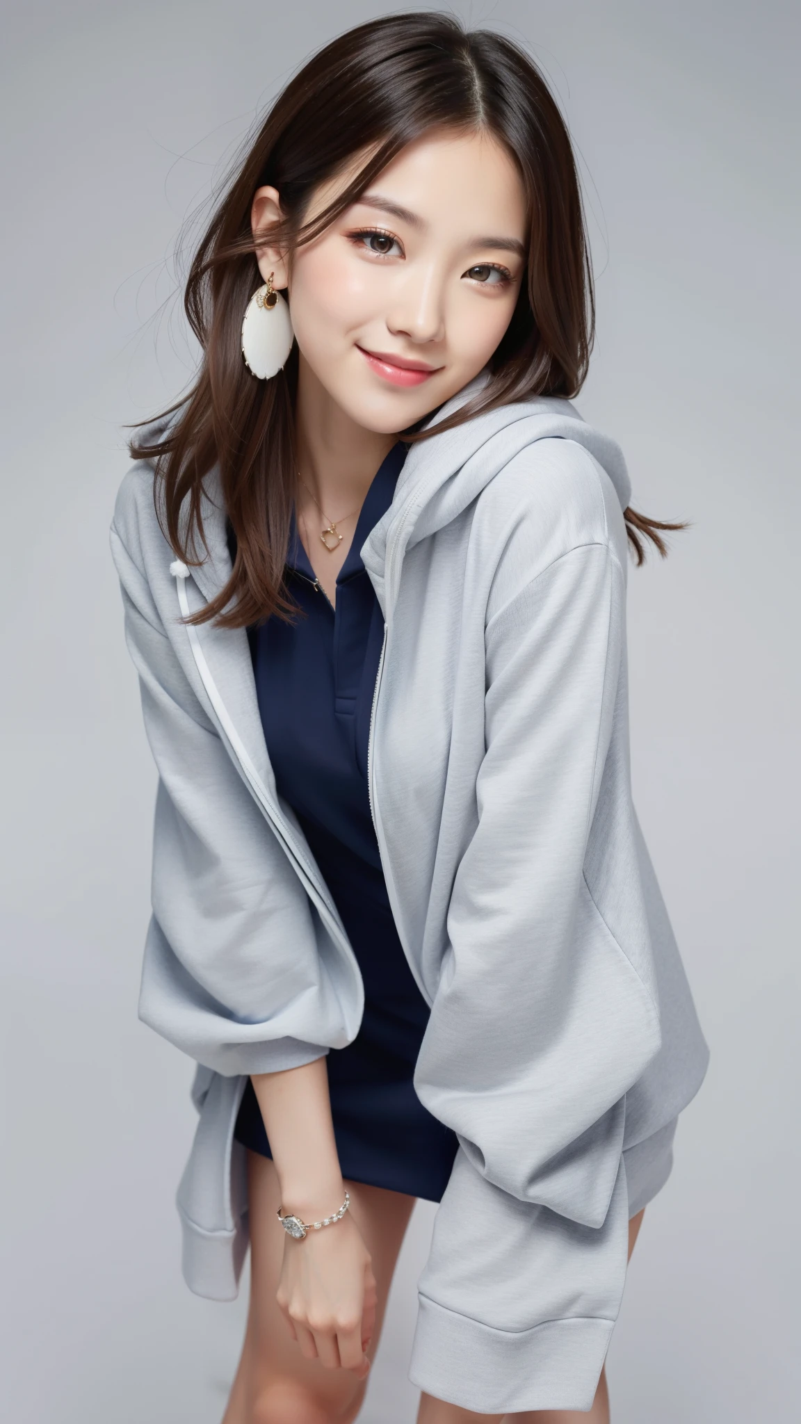 Photo taken by a professional photographer,a woman in a random color sweatshirt dress and heels poses for a picture, puff sleeves, random colorhoodie, voluminous sleeves, オーバーサイズのwearing a hoodie, removed sleeve, Funny costumes, wearing a hoodie, perfect stance, that'it's me today、tomorrow is yours, trendy clothes, random color,best smile,Flashy makeup with red eyeshadow,Big Ring Earrings,full body model, revealing stylish dress, full covered dress, wearing a dress, luxurious dress、