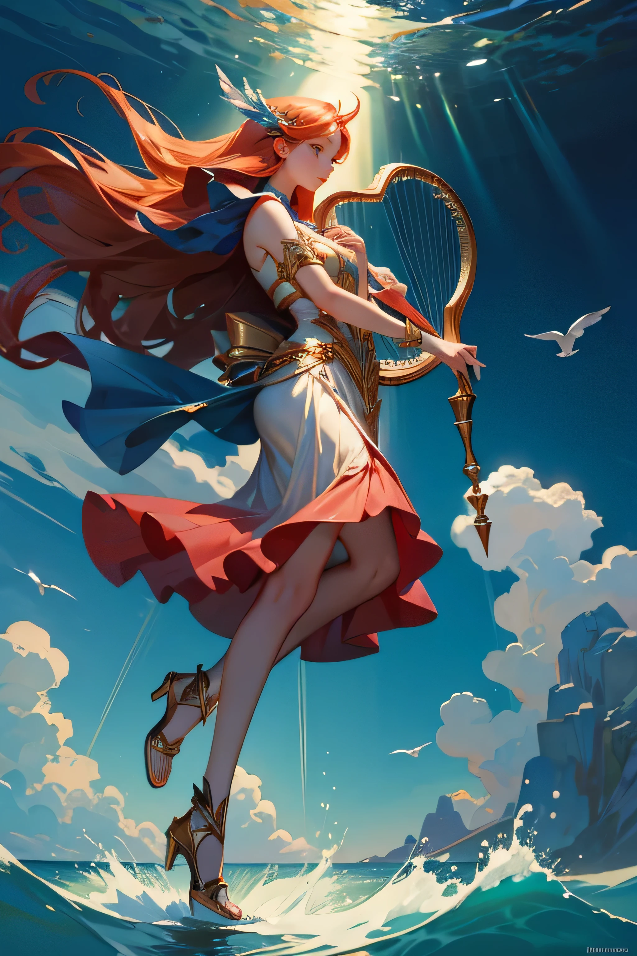 ((melhor qualidade, obra de arte, absurbres, Super-resolution)) Goddesses of music and the sea, perspectiva de corpo inteiro, musa, harpa, ruivo