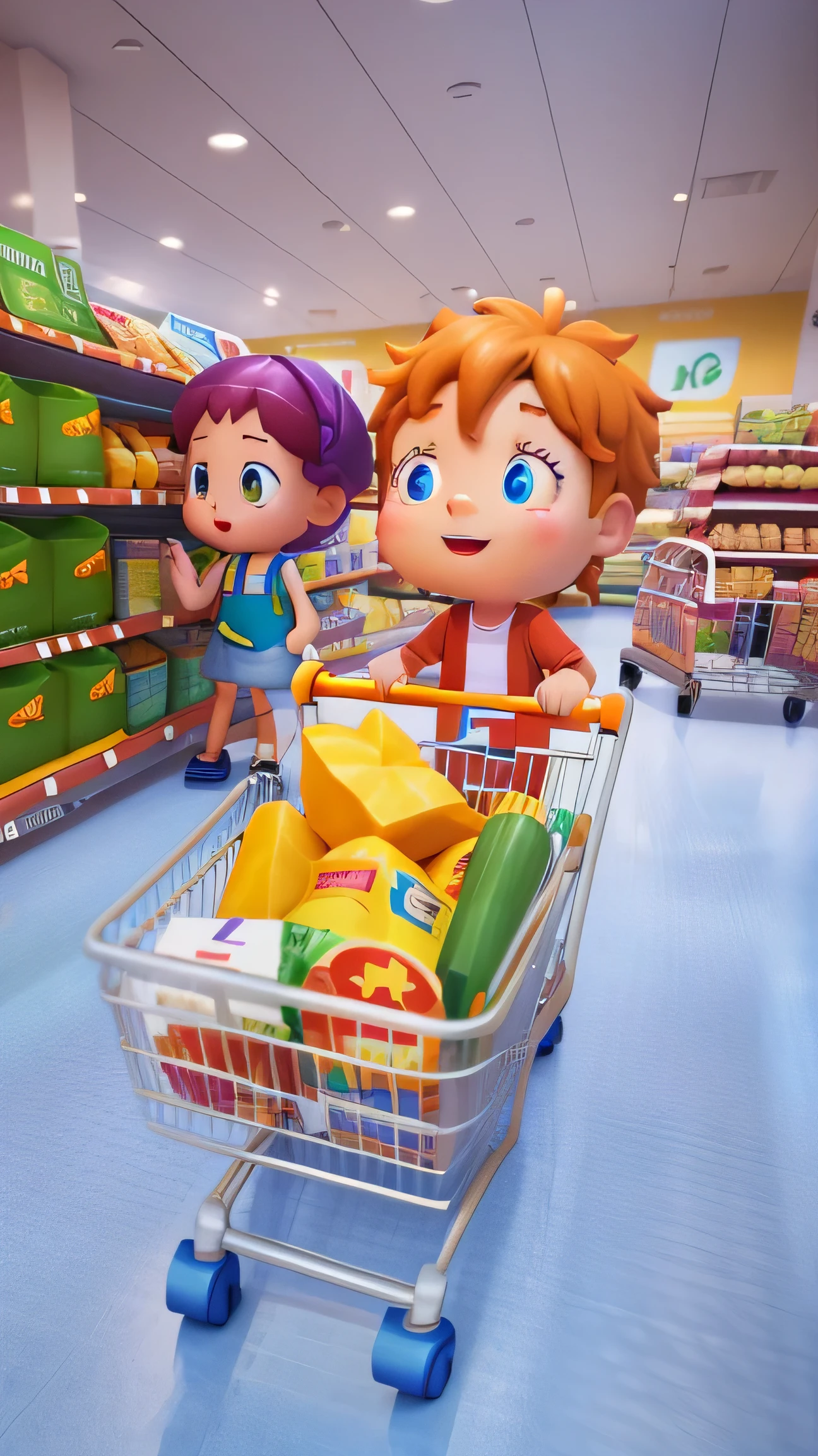 shopping groceries, buy groceries, People shop, Pushing the shopping cart, inside a supermarket, Supermarket shelves stacked, 3d, toy photos, Lovely 3D rendering, animation stills, shopping cart, cart, standing in a supermarket, animation stills, promotional rendering, Convenience stores, 3d characters, ((better quality)), ((artwork)), (detailed), perfect face shape