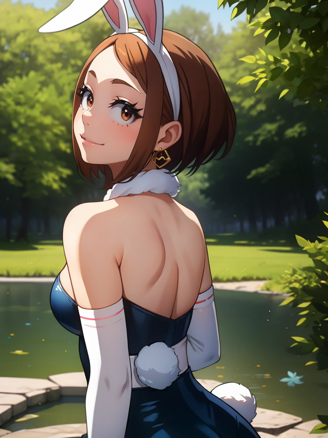 ochaco_uraraka, 1girl, solo, makeup, eyeshadow, perfect breasts, ,earrings glossy lips ,looking at viewer, blush, large breasts, nature, pond, trees, park, long white elbow satin gloves, holding, animal ears, cleavage, bare shoulders, jewelry, very l, gentle smile, pantyhose, earrings, fake rabbit ears, blue leotard, fake animal ears bunny, long white elbow gloves, white gloves 