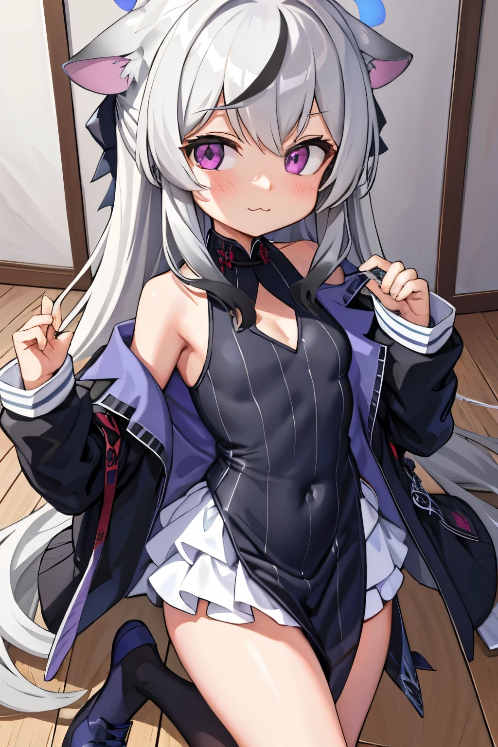 tmasterpiece, best qualtiy, ultra - detailed, 1girll,Gray hair Kokona, inside in room, Purple eye, :3,the face closeup cleavage, Winter suit, winter wonder