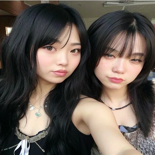 Two Asian women with long black hair posing for a photo., ulzzang, she has black hair con flequillo, con negro, Lalisa Manobal, flequillo negro, yoshitomo nara y aya takano, con flequillo, pelo cortado hime negro, rasgos de la cara coreana, long black hair con flequillo, con flequillo completo, cabello con flequillo negro, hermosos gemelos geminis