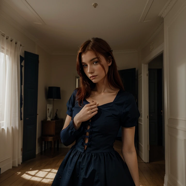 Blande européenne yeux bleu sous vêtements noir cheuveux rousse dans la maison realiste