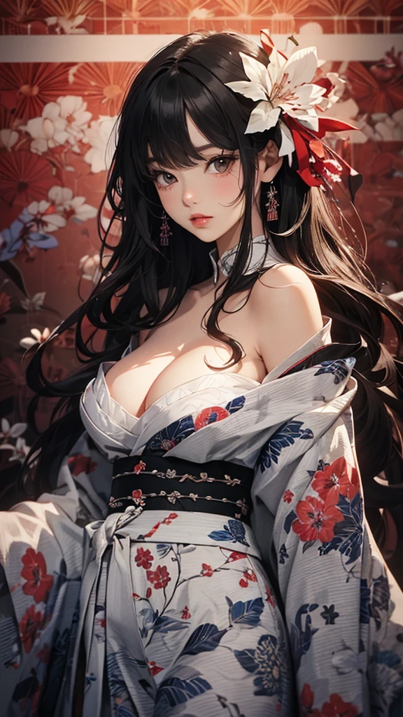 ((Highly detailed CG unit 8k wallpaper, masterpiece, High resolution, highest quality, highest qualityのリアルテクスチャスキン)), ((very beautiful woman, Nana Komatsu, Posing like a model:1.5, plump lips, Japanese pattern kimono)), (messy black hair, white skin, small breasts), ((and handle background, Colorful background with geometric patterns)), Sumi-e, hyper realistic, digital painting, concept art,