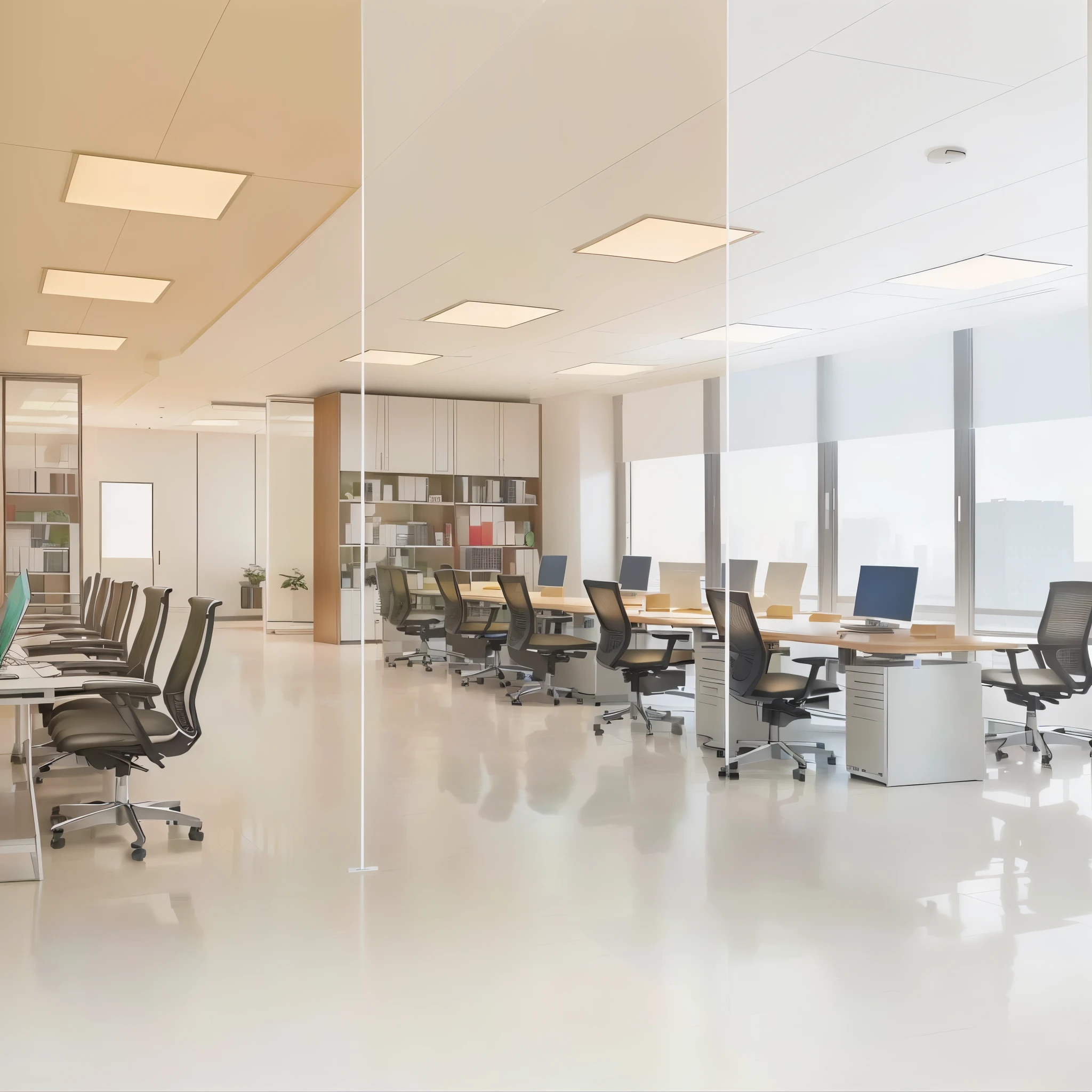 大型开放式office配有办公桌和椅子的阿拉菲德景观, office, 空荡荡的office, endless 空荡荡的office building, precise architectural rendering, corporate animation style, office天花板, In an open workspace, Professional rendering, office背景, Tone mapping, full image, 现代office, HDR rendering in Unreal Engine 5, photoreal render