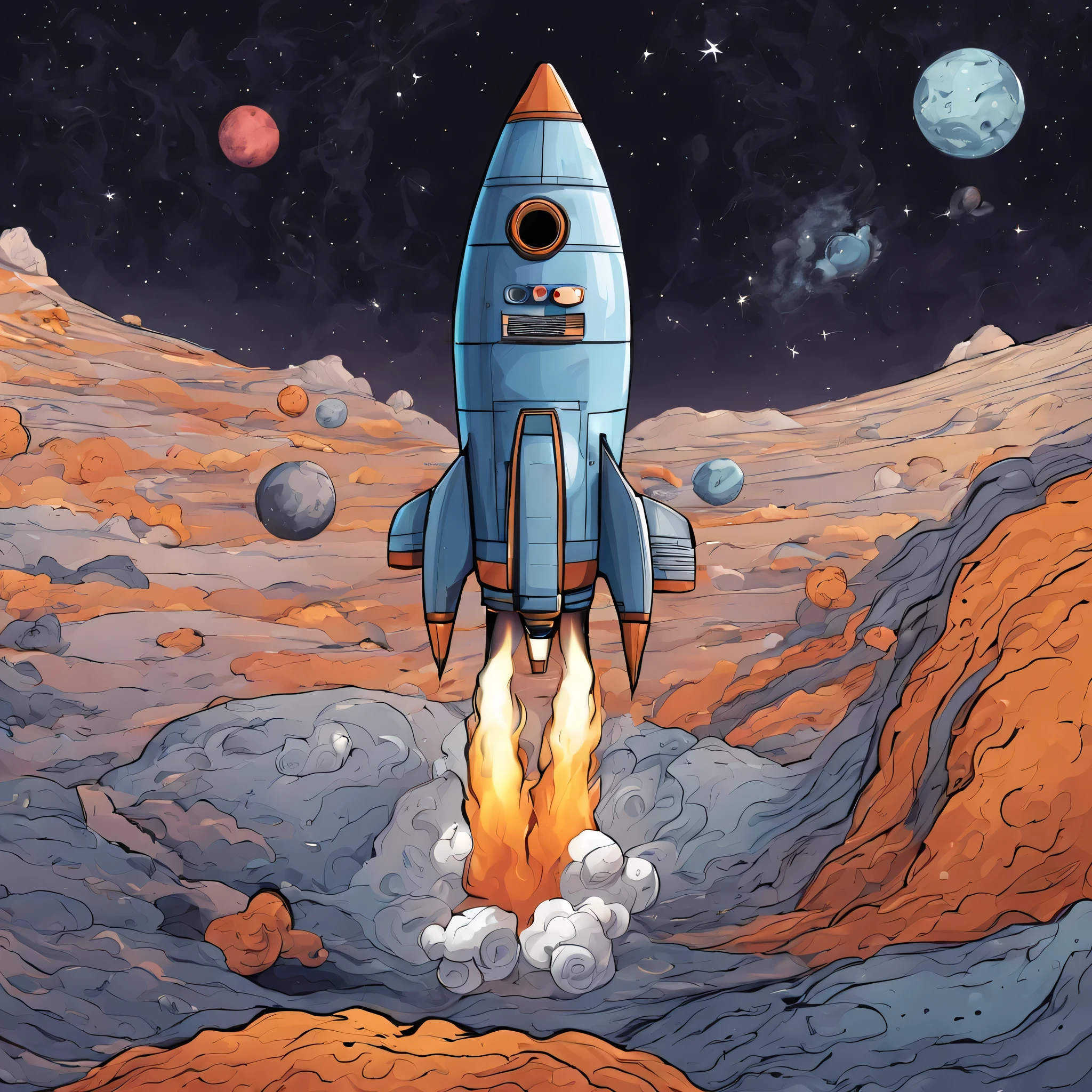 caricatura,rocket heading towards the moon,illustration,alta qualidade,foguete detalhado,obra de arte:1.2,ultra-detalhado,realista:1.37,artistas conceituais,colori,night ligthning,estrelas,Smoke Trail,launch,Space capsule,blast,corpos celestiais,Planetas,futurista,cosmic perspective,aventura,outer space,cores vivas,surrealista,Surface of the Moon,Crateras,caricatural,space exploration,funny face,olhos bem abertos,Grande sorriso,humorous,frisky,excitante,imaginativo,emocionante,energetic,movimento,action-packed,Creative Sparks,caprichoso