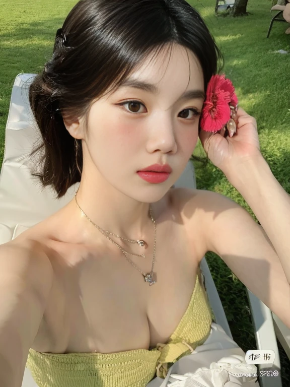 Cute Asian woman with a flower in her hair, sentada em um gramado, Heonhwa Choe, Ulzzang, Mulher sul-coreana bonita, Kim Doyoung, linda mulher coreana jovem, Dom Yunjoo, mulher coreana jovem bonita, Atriz coreana bonito, Xintong Chen, TaeJune Kim, Lee Ji-eun, Lee Ji - Eun, Sha Xi