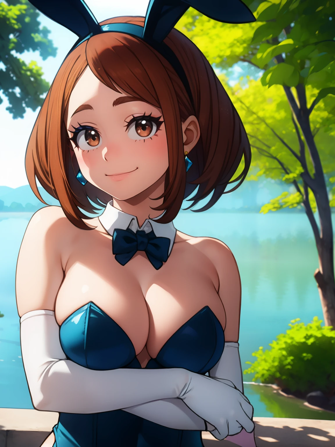 ochaco_uraraka, 1girl, solo, brown eyes ,makeup, eyeshadow, perfect breasts, ,earrings glossy lips ,looking at viewer, blush, large breasts, nature, pond, trees, park, long white elbow satin gloves, holding, animal ears, cleavage, bare shoulders, jewelry, very l, gentle smile, pantyhose, earrings, fake rabbit ears, blue leotard, fake animal ears bunny, long white elbow gloves, white gloves 