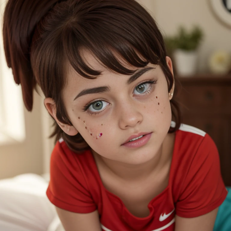 (obra maestra: 1.3), (8k, fotorrealista, foto RAW, mejor calidad: 1.4), (1girl), Hermosa chica adolescente , chica europea , 15 years , brown light hair ,cabello largo: 1.pony tail,  ojos azules , hermosos ojos detallados, (piel realista), piel hermosa , pecas en mejillas y nariz , ultra-high-resolution, detallado, cuerpo delgado , ropa deportiva, ropa de base ball 