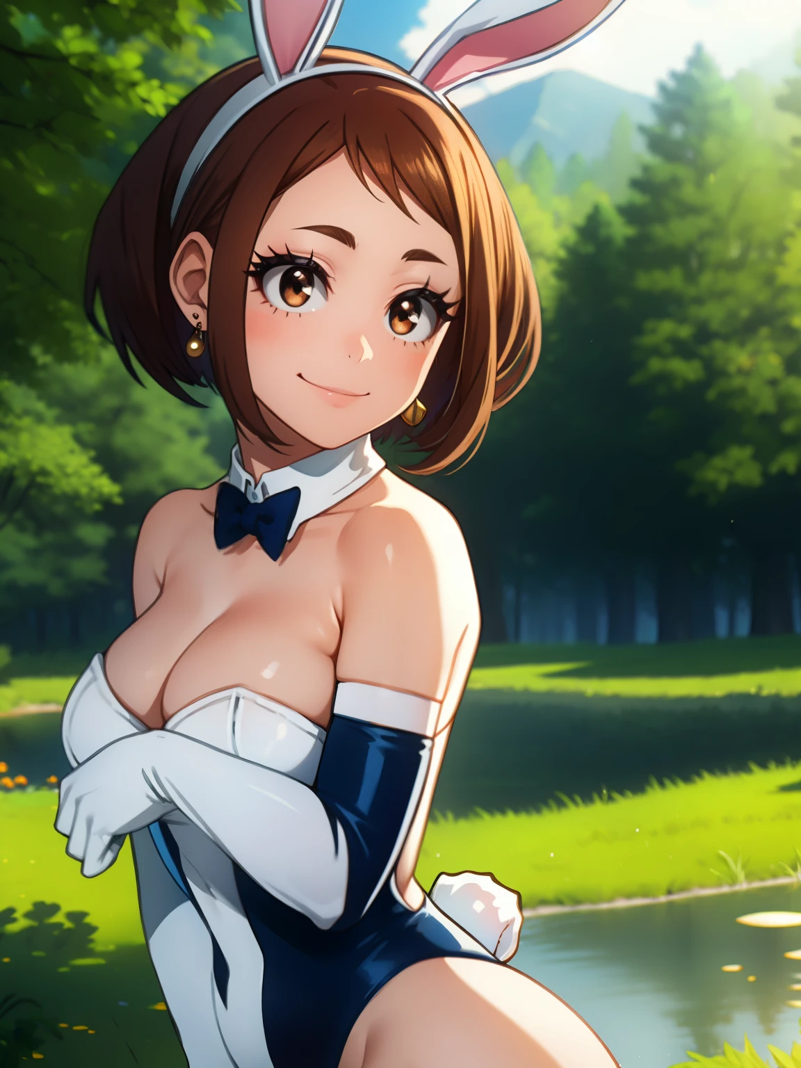 ochaco_uraraka, 1girl, solo, brown eyes ,makeup, eyeshadow, perfect breasts, ,earrings glossy lips ,looking at viewer, blush, large breasts, nature, pond, trees, park, long white elbow satin gloves, holding, animal ears, cleavage, bare shoulders, jewelry, very l, gentle smile, pantyhose, earrings, fake rabbit ears, blue leotard, fake animal ears bunny, long white elbow gloves, white gloves 