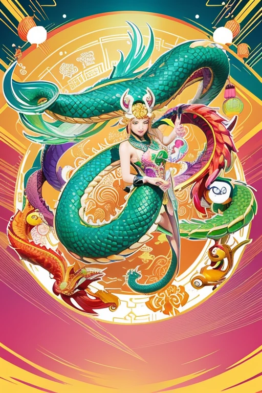 Draw a picture of the twelve zodiac signs,Taking the zodiac dragon as the main body,Other zodiac signs revolve around the zodiac dragon,two-dimensional,hand drawn style,Bright colors,Showing the atmosphere of the Chinese Spring Festival