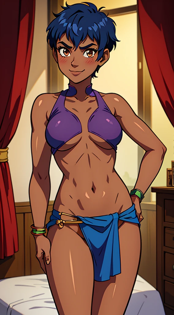 1 girl, solo, TARANEE, w.i.t.c.h, navy blue hair, brown eyes, ((dark skin)), spikey hair, short hair, ((medium breast)), sexy, look at viewer, harem-clothes, medieval bedroom, ((loin cloth)), smiling, standing elegant pose, blush, Alluring eyes, flirty, shy