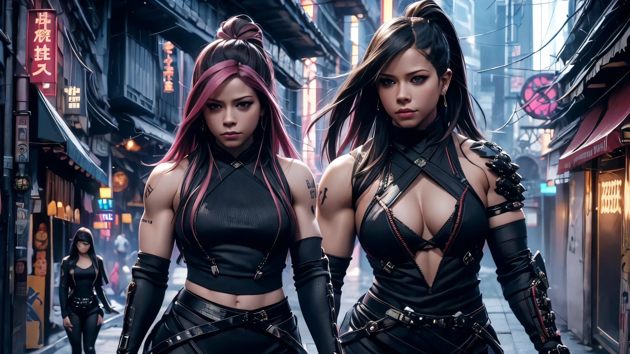 (ultrarrealista), (((Avril Lavigne))), arafed fully clothed, ripped bodybuilder, woman in cybersamurai armor standing in a cyberPunk town in the morning, traje de cibersamurai, ropa estilo cibersamurai, mujer, exclusivo, juego ultra detallado CG, (alta resolución:1.1),(absurdo:1.1), 1 chica , orejas de lobo,Solo, Ella se ve como ((Avril Lavigne )), riPPed bodybuilder, pechos enormes. big round butt. Perfect skin, Perfect face, a woman with long hair , she has black hair with bangs, lalisa manobal, Power Pose