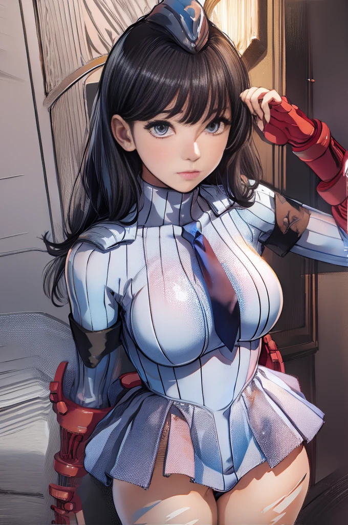 (highest quality、In 8K、32K、masterpiece、nffsw、ultra high resolution、Impressionism、Photoreal:1.2)、angle from above、high angle、big breasts、cowboy shot, detailed face and eyes、 laboratory beautiful face、blurred background、 old beautiful girl、shiny skin、length、beautiful black hair、dull bangs、gray eyes、(pointing:1.2)、sailor suit、pleated mini skirt、curve、stand on one knee、open your legs、