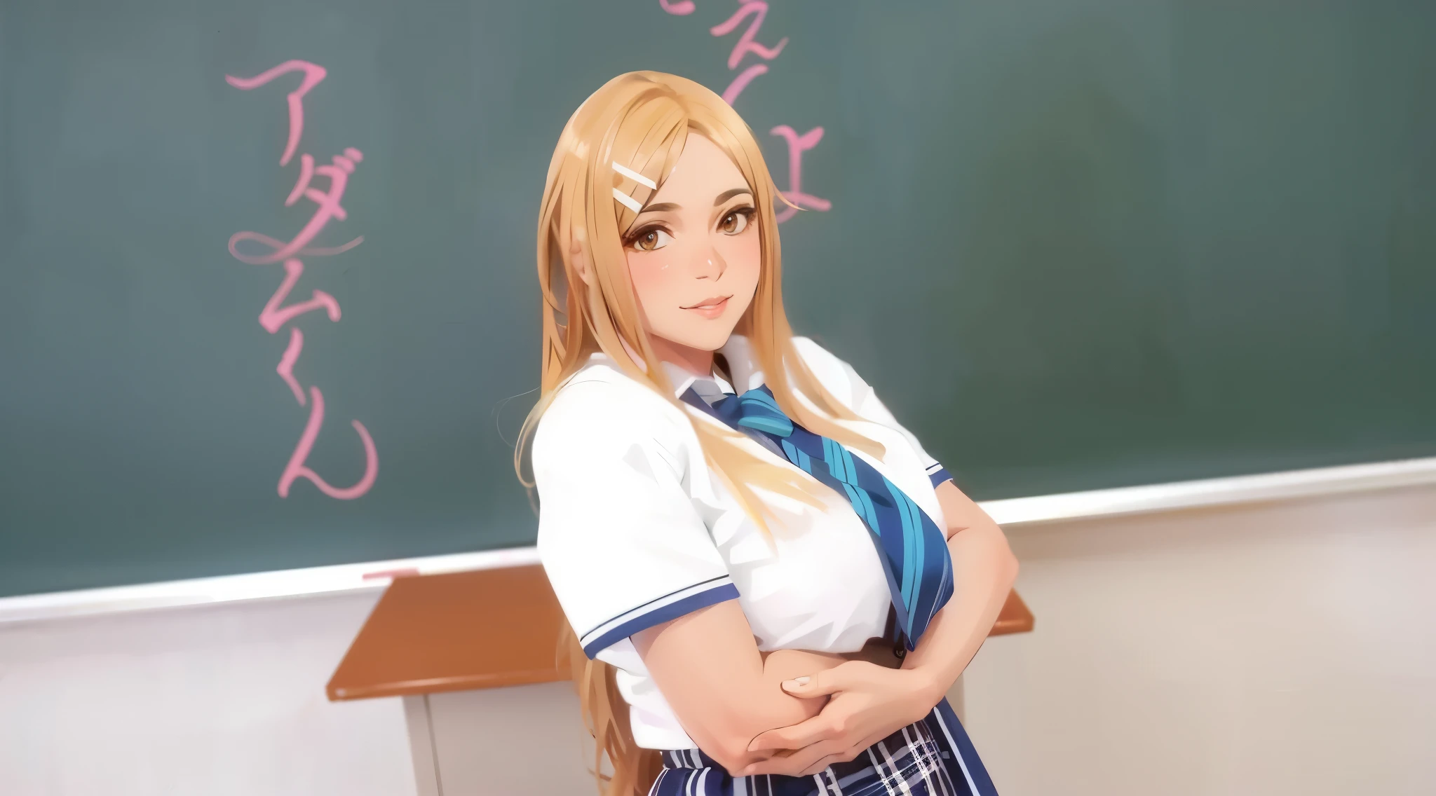 looking at the viewer ,brown eyes color, closed mouth, smile,lips,masterpiece, well-detailed, intricate details,classic, stylish, vibrant colors,high contrast lighting, Japanese classroom, clean and neat background