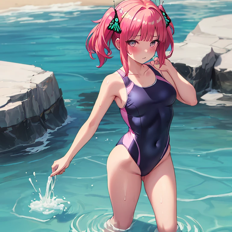 (Masterpiece)), 8k wallpaper, wearing only a basic swimsuit and pumps, The shoulder area of the swimsuit is a tank top type without decoration, The waist of the swimsuit is a high-cut leotard type The surface of the swimsuit is slippery, standing, shameless pose, bangs, pink_hair, blunt_bangs, hair_ornament, butterfly_hair_ornament